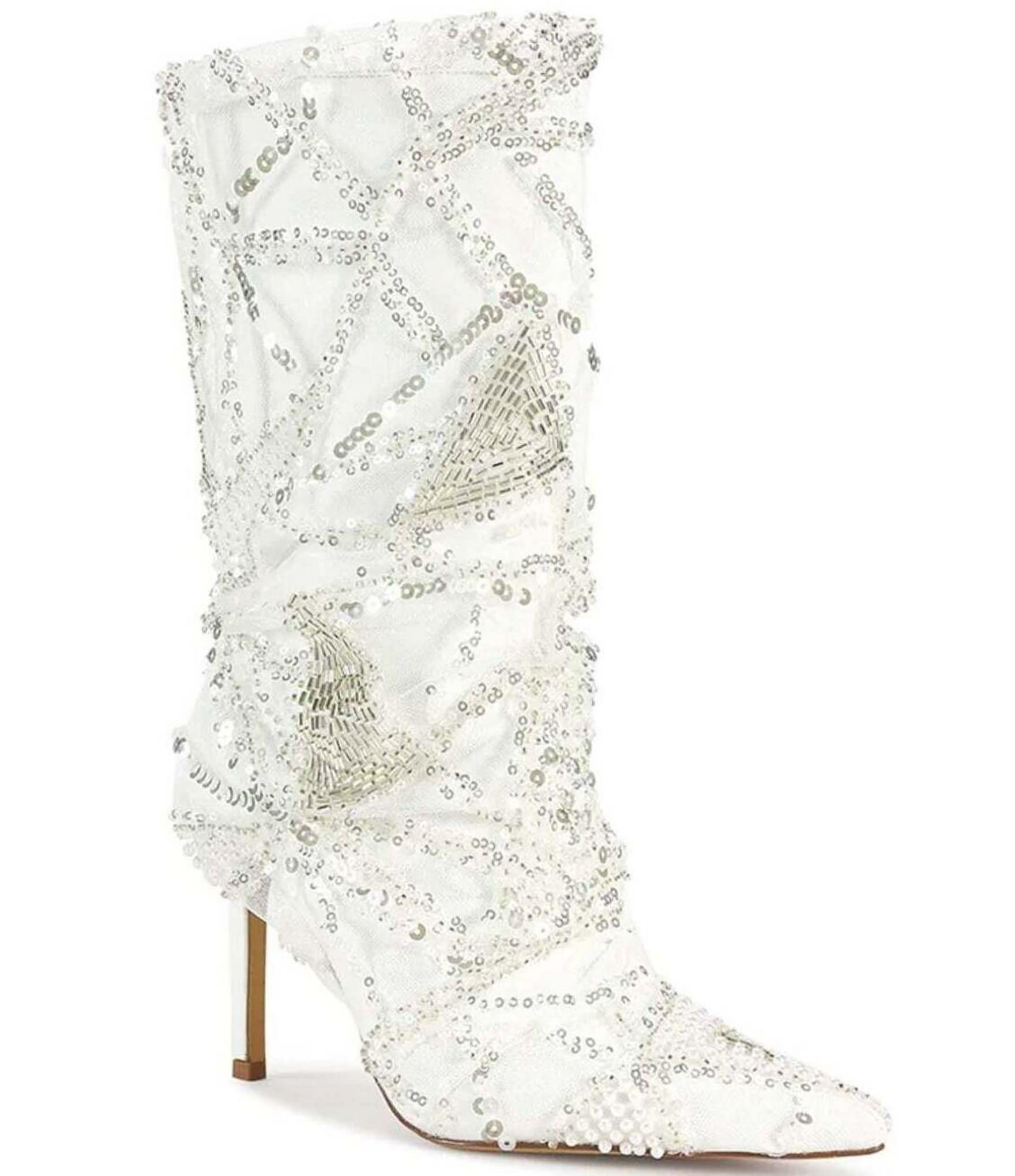 Azalea Wang Mitski Sequined Tulle Overlay Stiletto Mid Boots | Dillard's