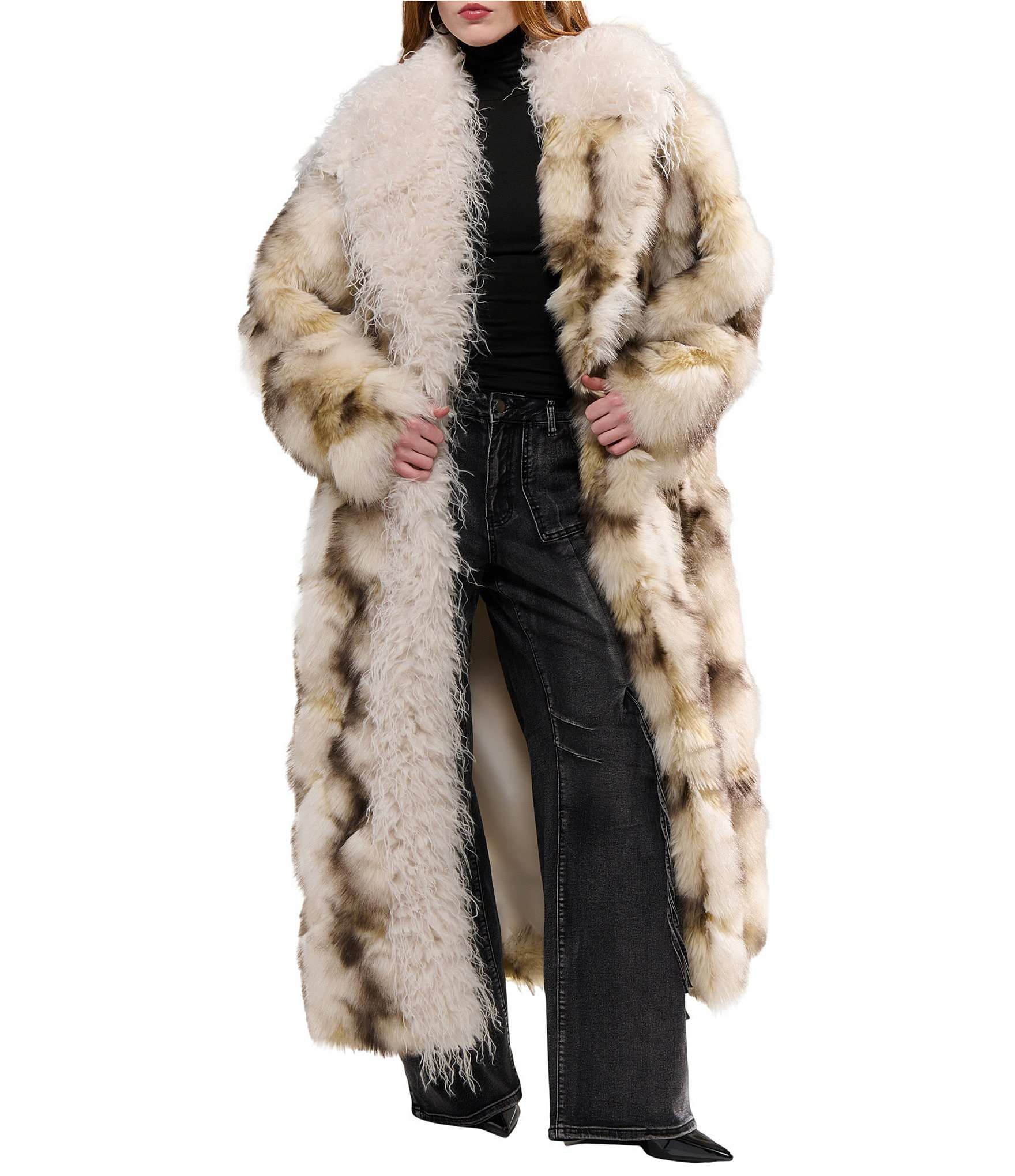 Azalea Wang Mivra-Cream Multi Faux Fur Open Lapel Trench Coat