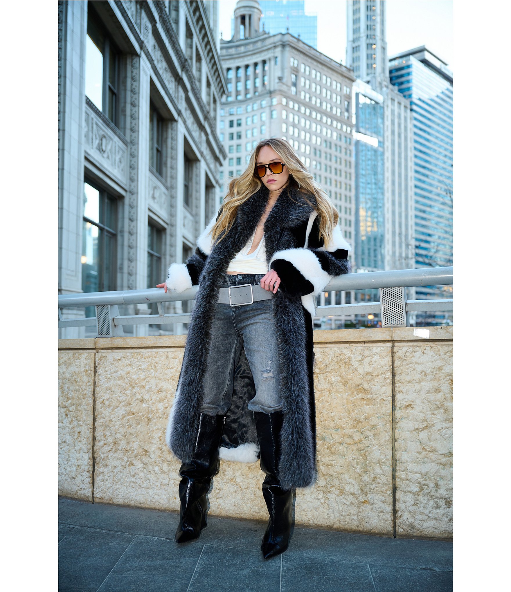Azalea Wang Moonstone-Grey Multi Shawl Collar Faux Fur Trench Coat