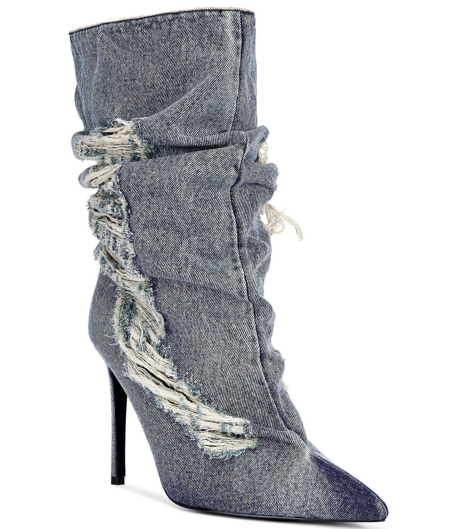 Azalea Wang Naelia Denim Shredded Slouch Shaft Pointed Toe Mid Boots