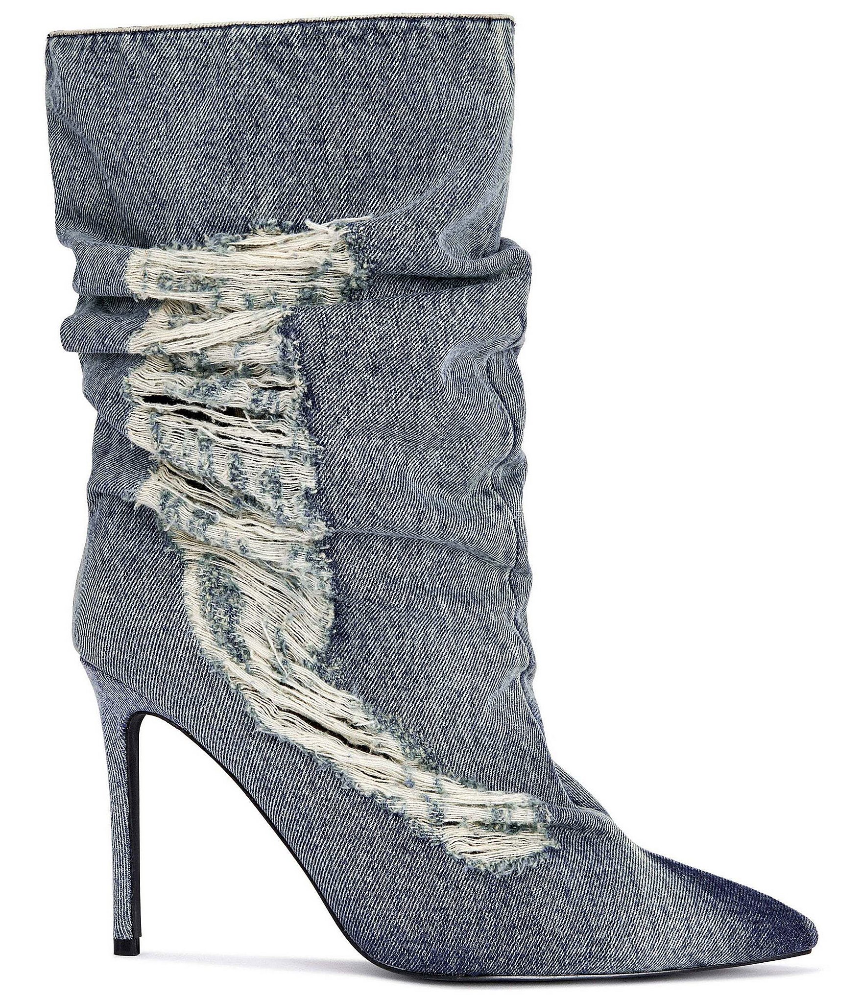 Azalea Wang Naelia Denim Shredded Slouch Shaft Pointed Toe Mid Boots