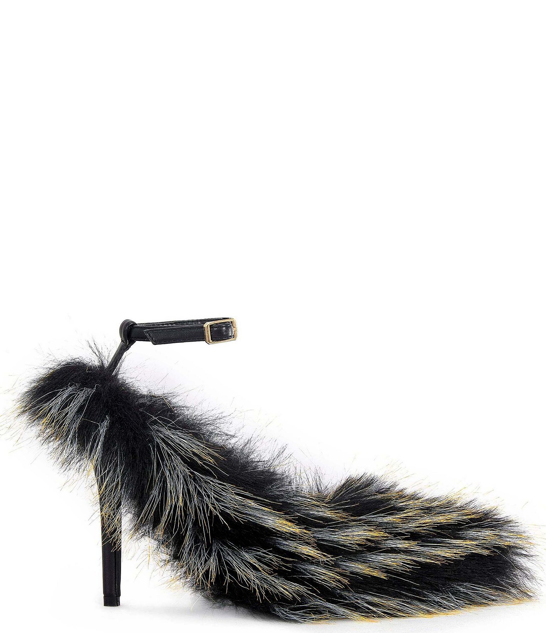 Azalea Wang Noir Faux Fur Ankle Strap Pointed Toe Pumps