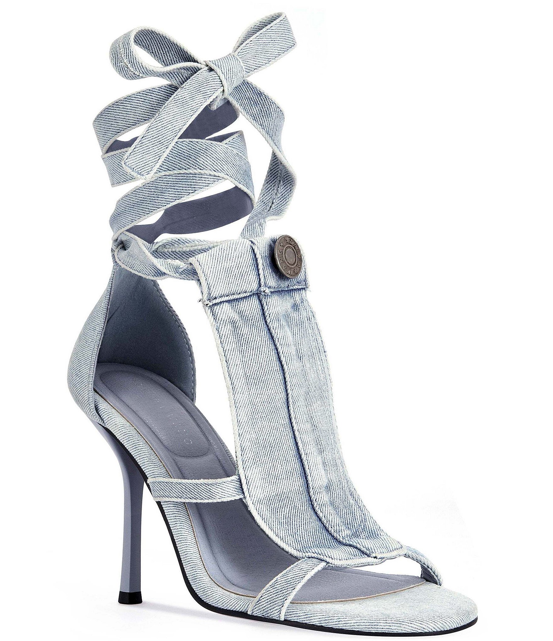 Azalea Wang Normajean Denim Ankle Wrap Stiletto Sandals