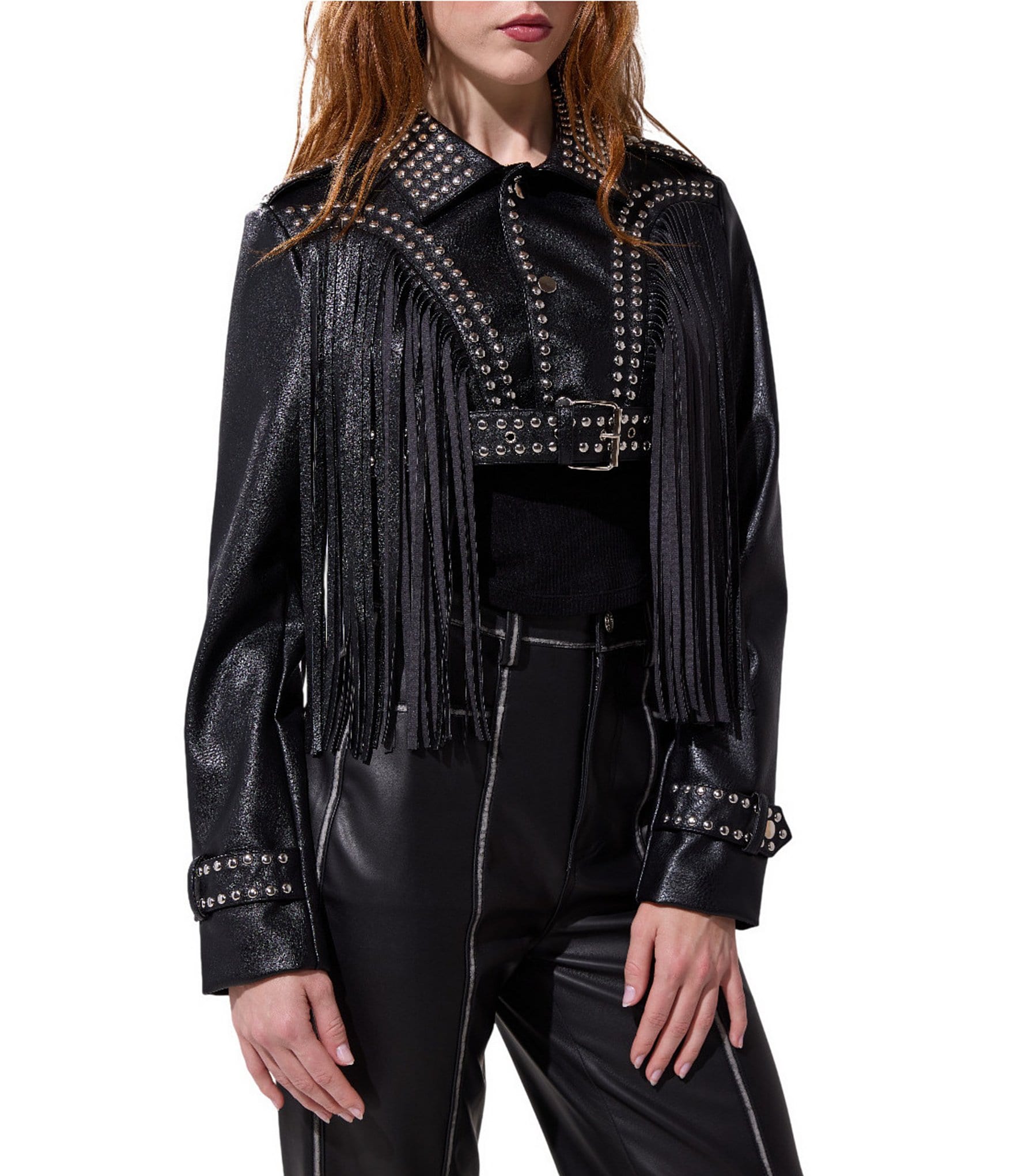 Azalea Wang Oakly Fringe Studded Moto Cropped Jacket