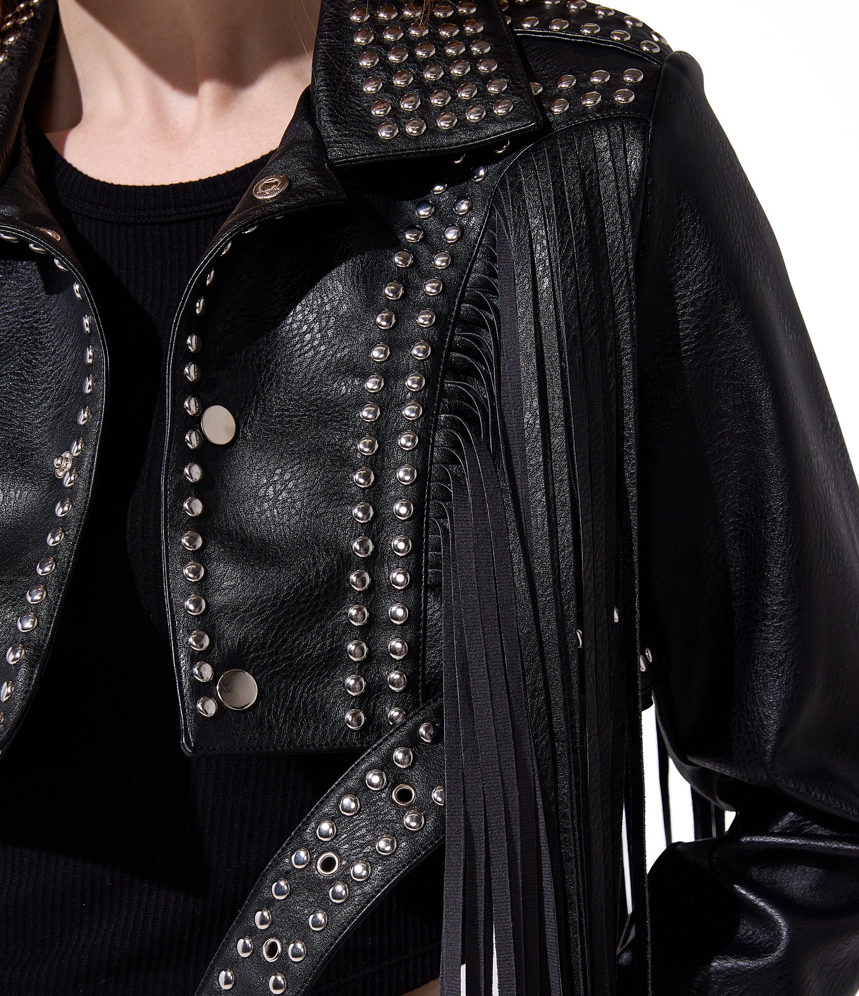 Azalea Wang Oakly Fringe Studded Moto Cropped Jacket