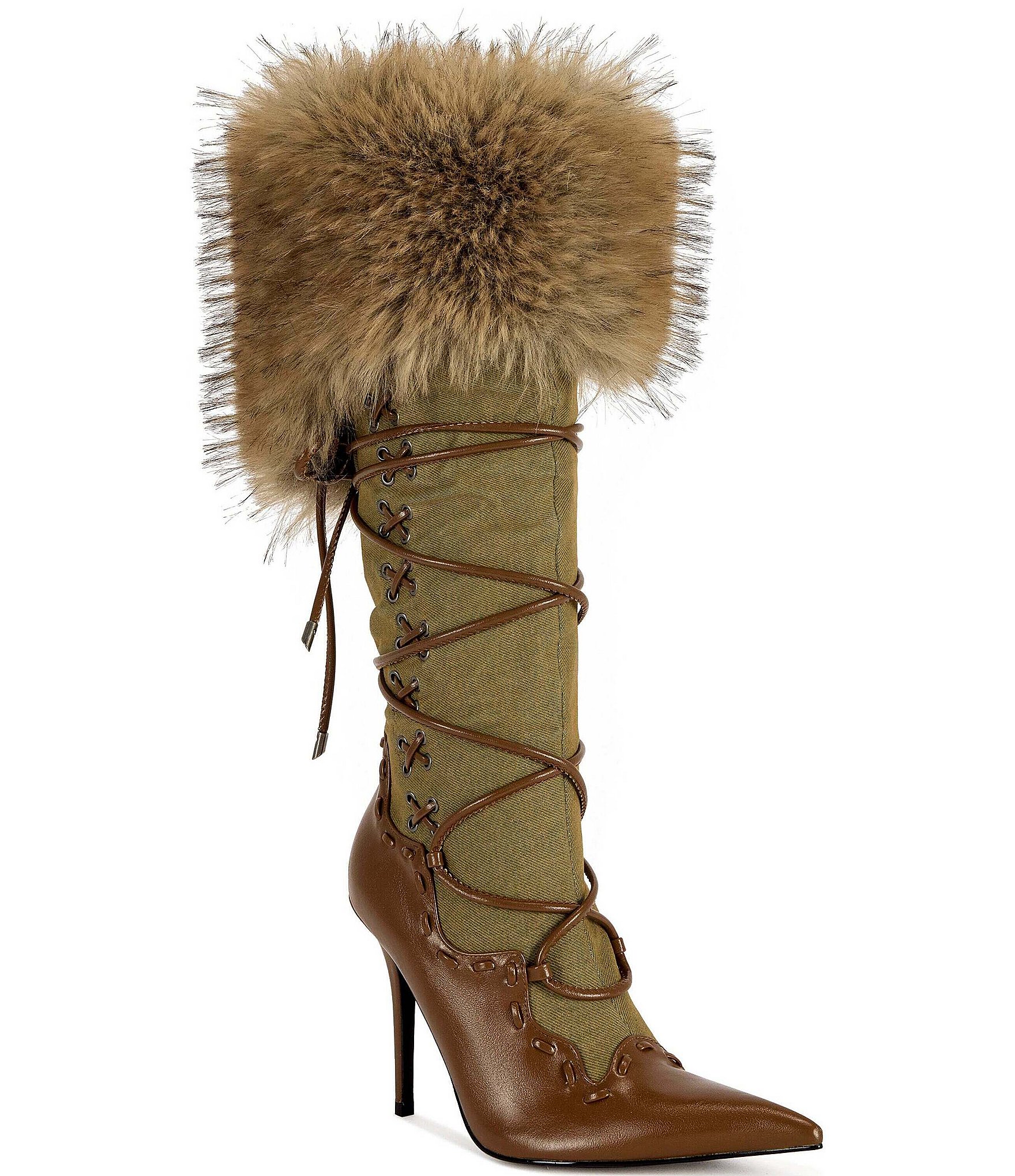 Azalea Wang Ohara Faux Fur Cuff Wraparound Lacing Pointed Toe Tall Boots