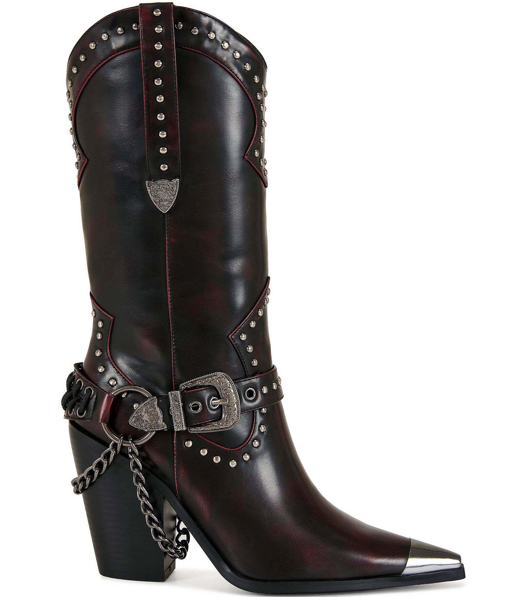 Azalea Wang Osborn Studded Buckle Harness Cap Toe Western Boots