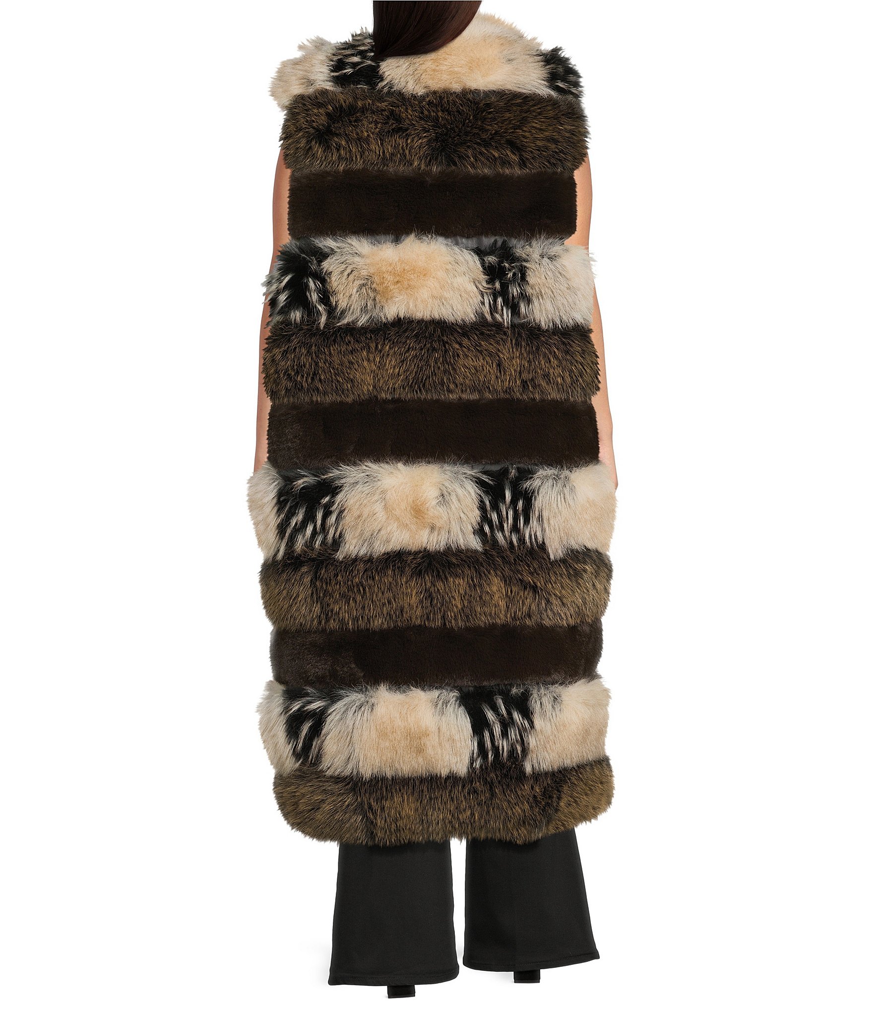 Azalea Wang Plus Size Aspen Faux Fur Brown Zigzag Multi Print Oversize Long Vest