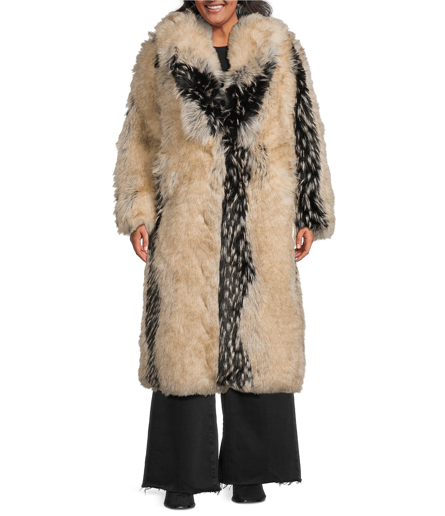 Azalea Wang Plus Size Aurora Tan Fox Pattern Shawl Collar Oversize Maxi Faux Fur Coat