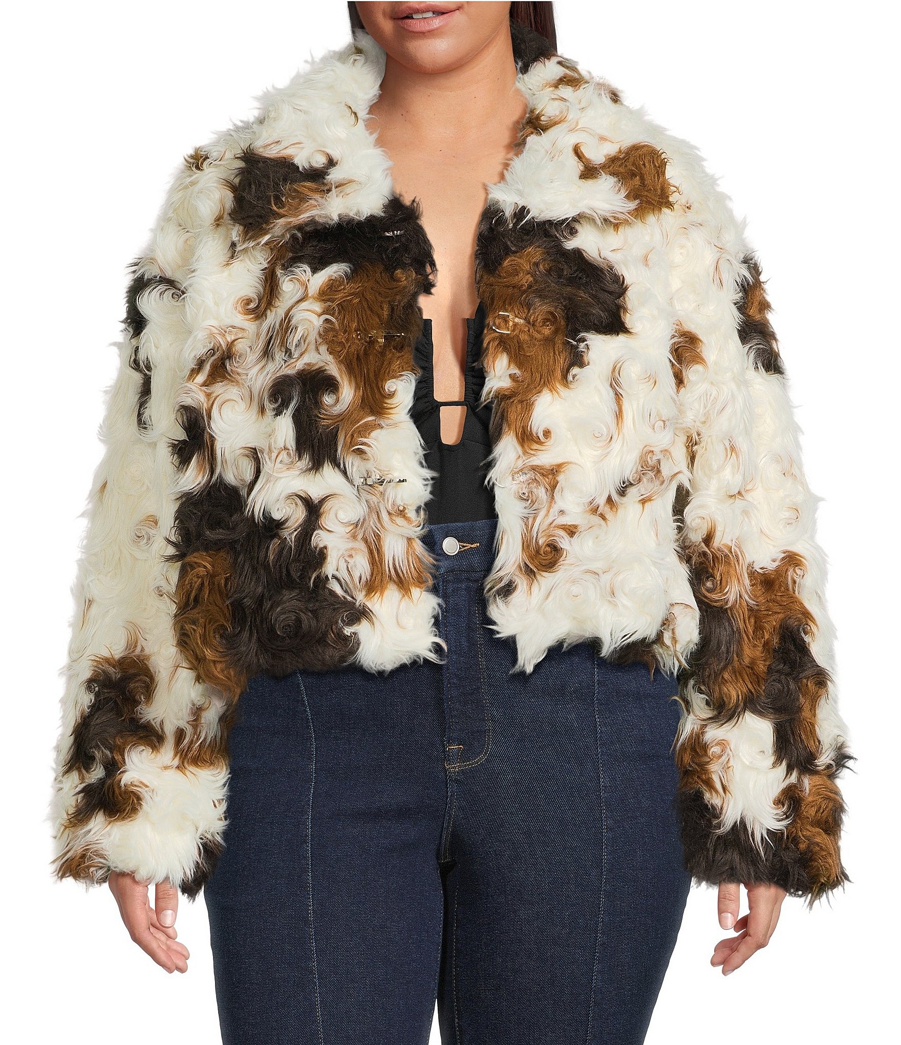 Azalea Wang Plus Size Enora Cream Abstract Cow Print Faux Fur Sherpa Oversize Neck Zip Front Bomber Jacket