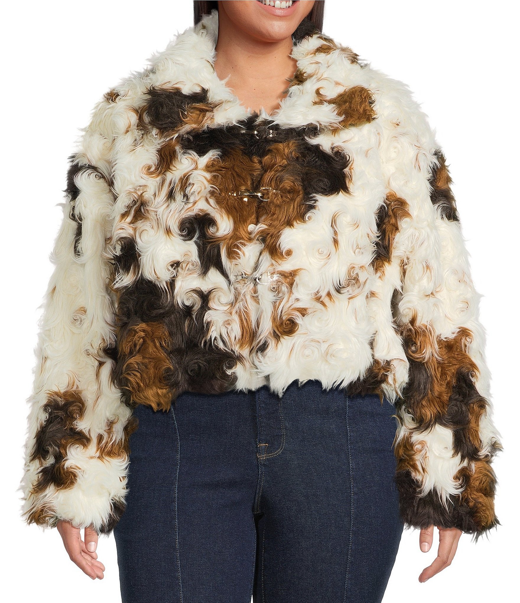 Azalea Wang Plus Size Enora Cream Abstract Cow Print Faux Fur Sherpa Oversize Neck Zip Front Bomber Jacket