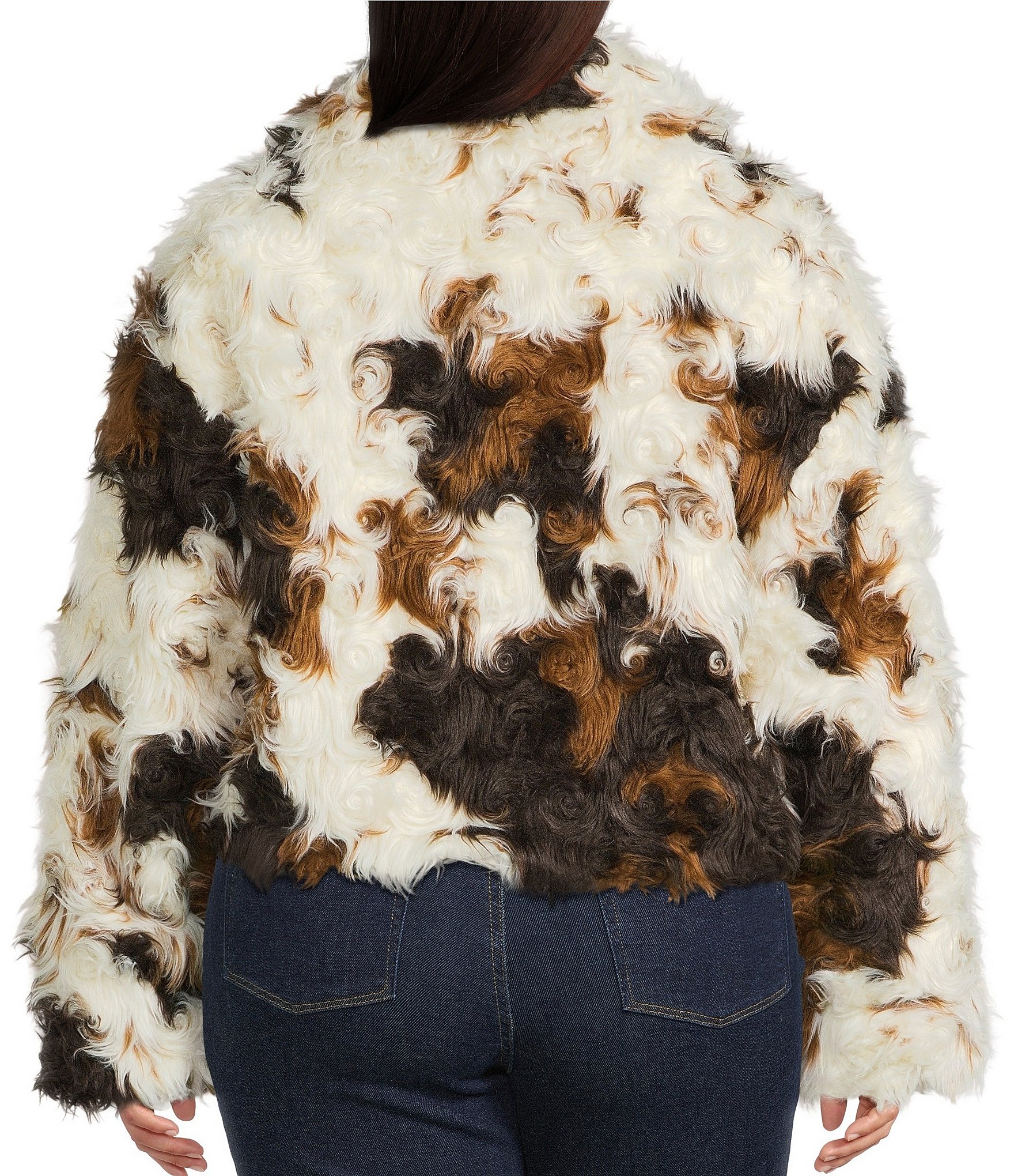 Azalea Wang Plus Size Enora Cream Abstract Cow Print Faux Fur Sherpa Oversize Neck Zip Front Bomber Jacket