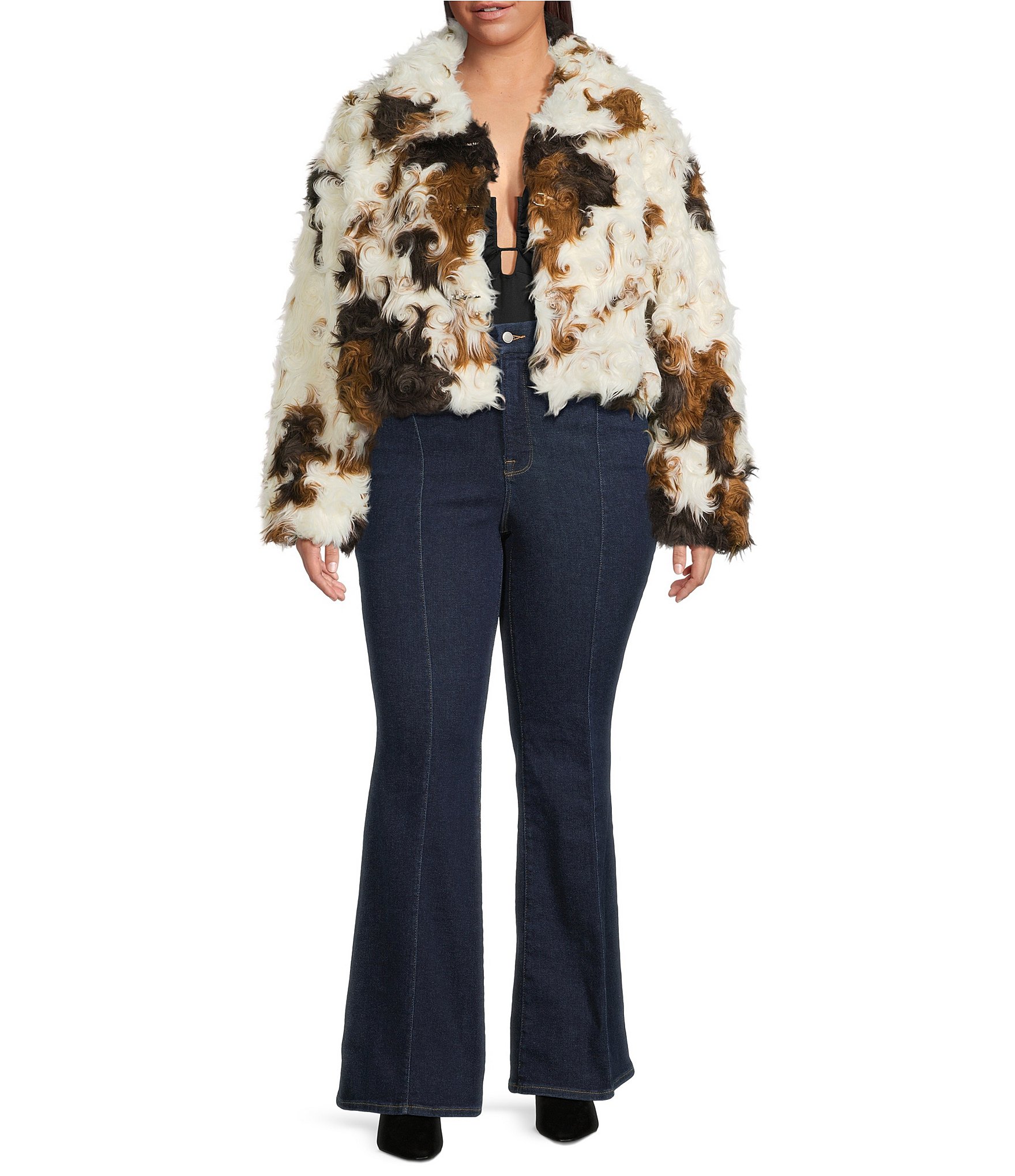 Azalea Wang Plus Size Enora Cream Abstract Cow Print Faux Fur Sherpa Oversize Neck Zip Front Bomber Jacket