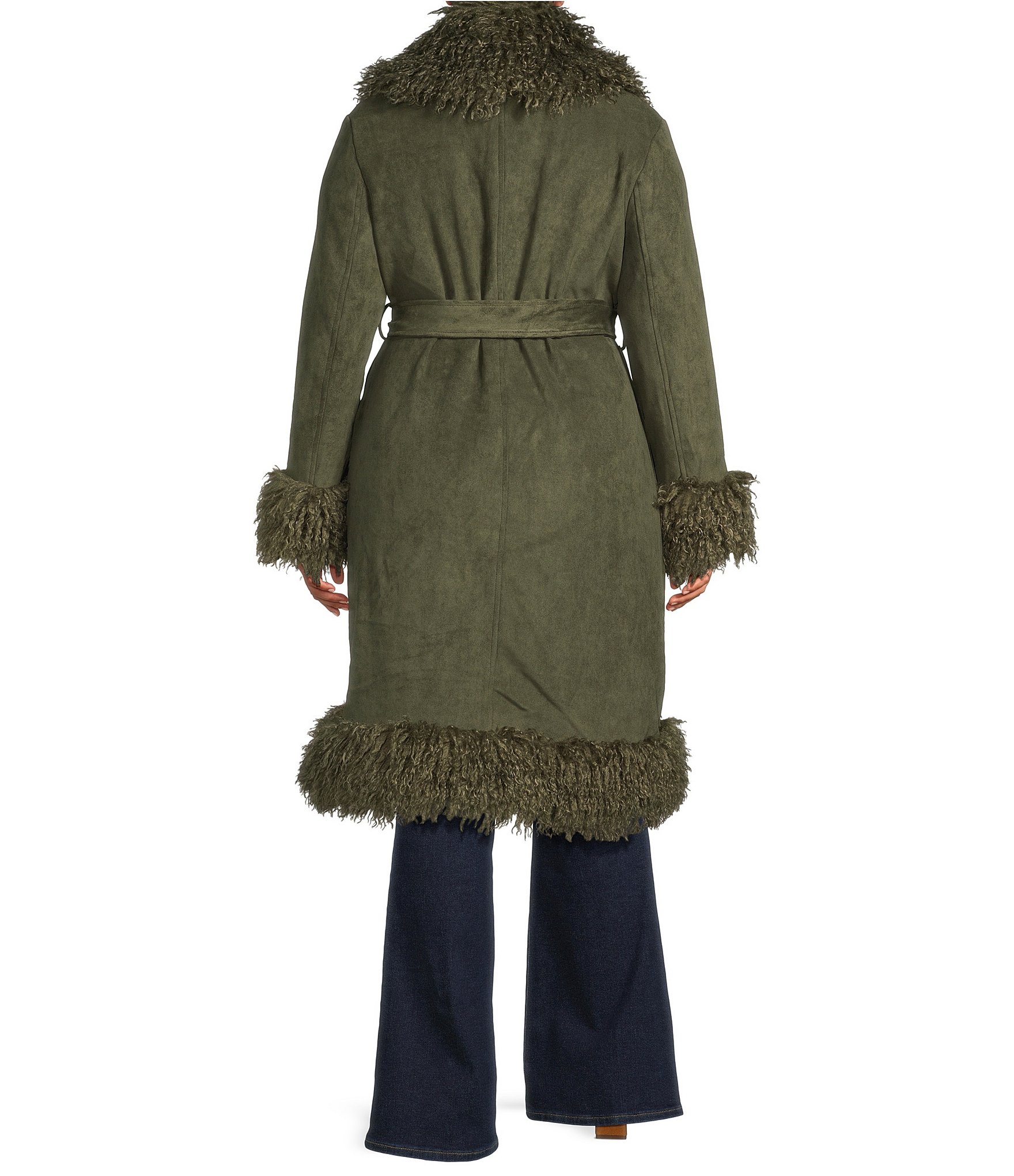 Azalea Wang Plus Size Gilda Olive Faux Sherpa Collared Belted Oversize Trench Coat