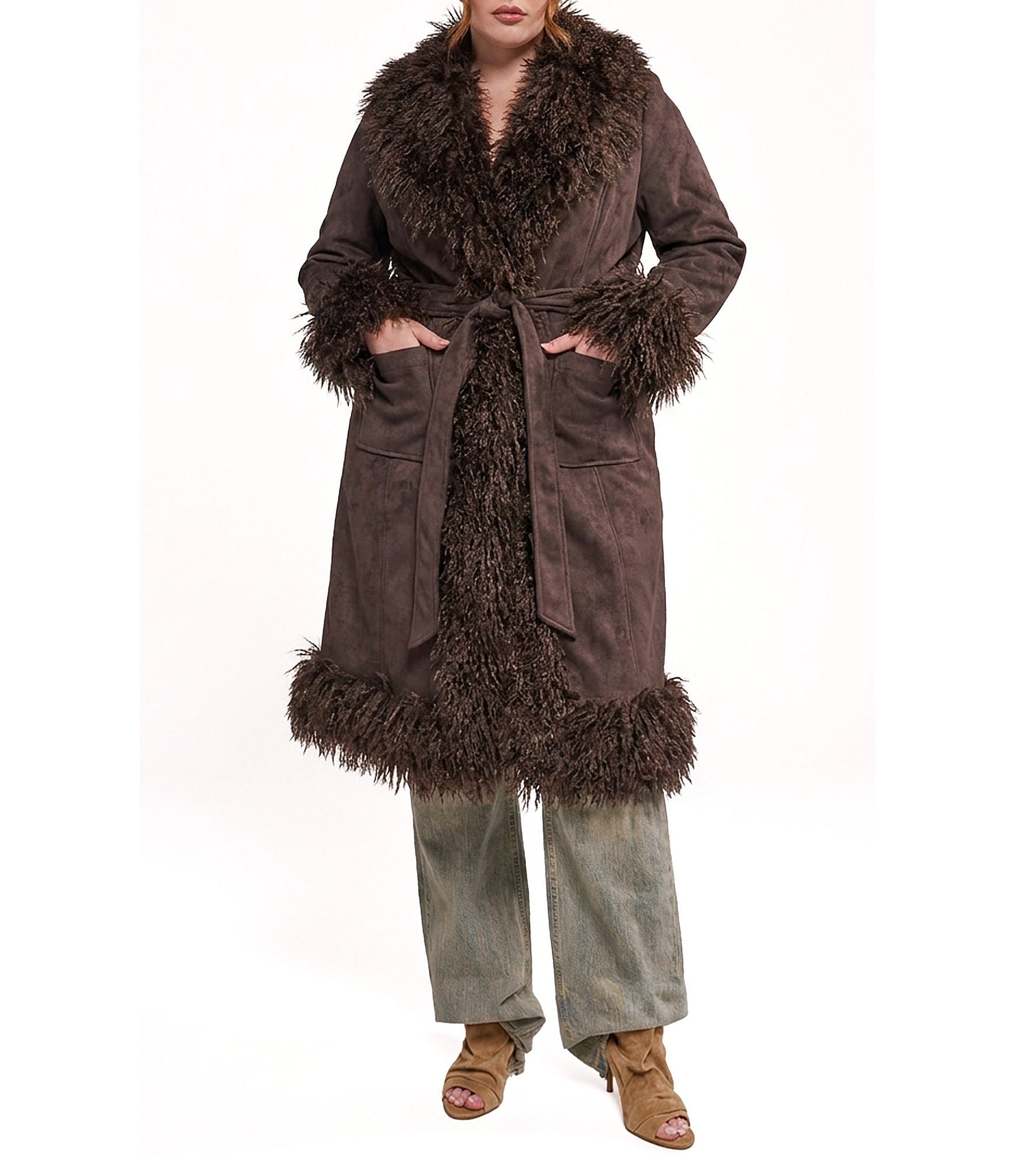 Azalea Wang Plus Size Gilda Faux Sherpa Collared Belted Oversize Trench Coat