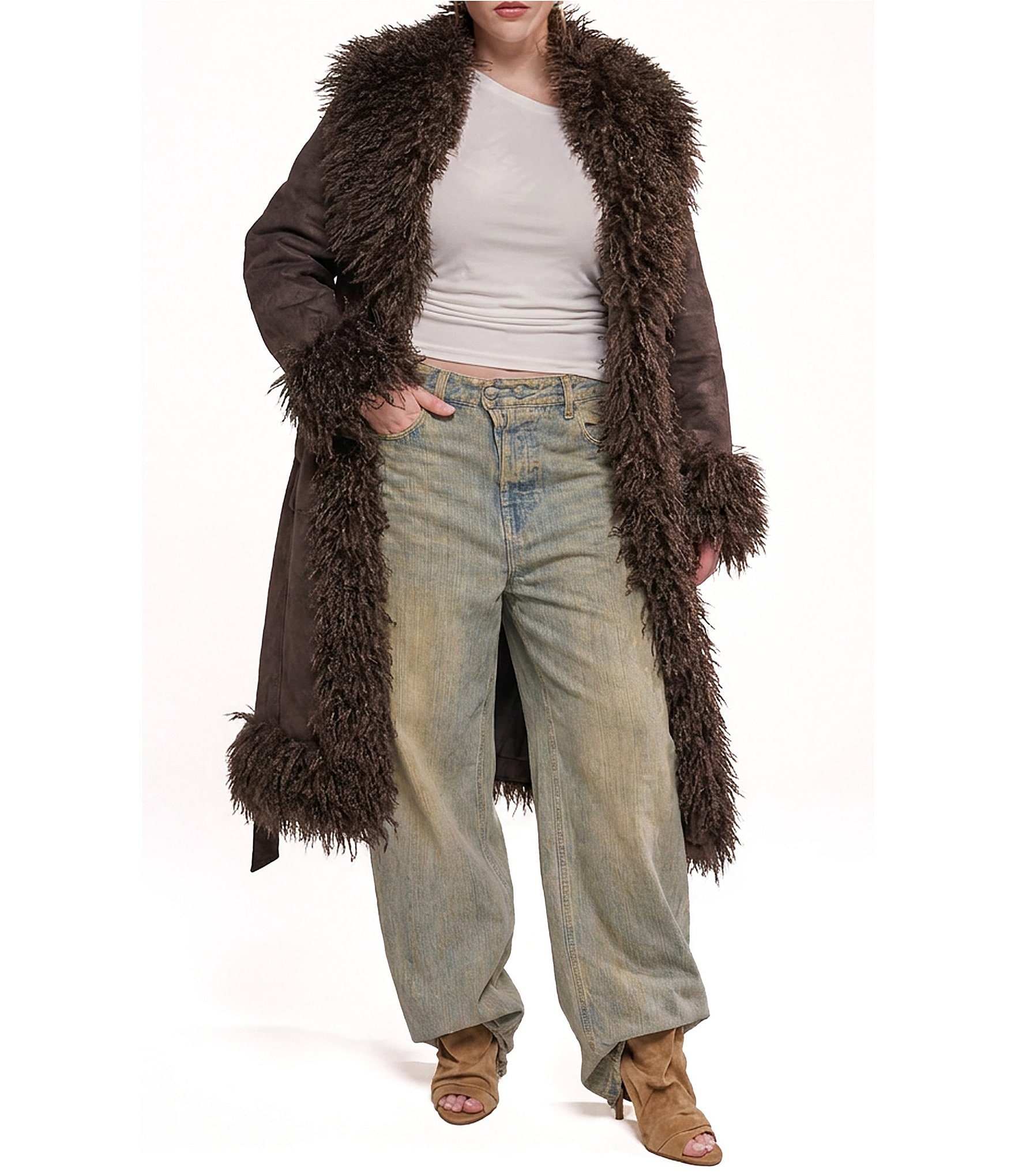 Azalea Wang Plus Size Gilda Faux Sherpa Collared Belted Oversize Trench Coat