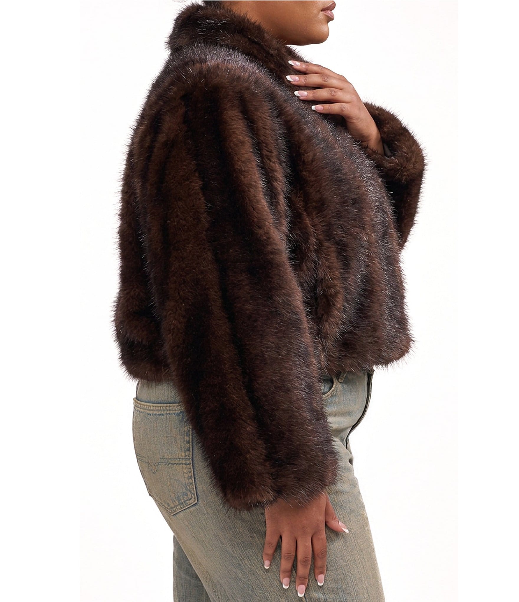 Azalea Wang Plus Size Kessia-Chocolate Faux Fur Collar Neck Oversize Fit Jacket