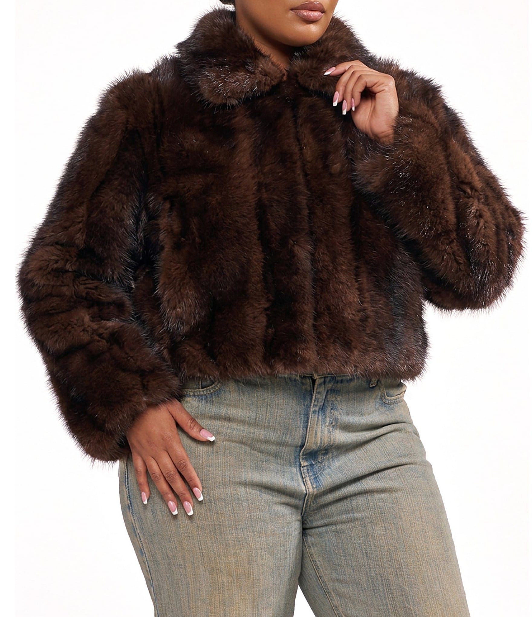Azalea Wang Plus Size Kessia-Chocolate Faux Fur Collar Neck Oversize Fit Jacket