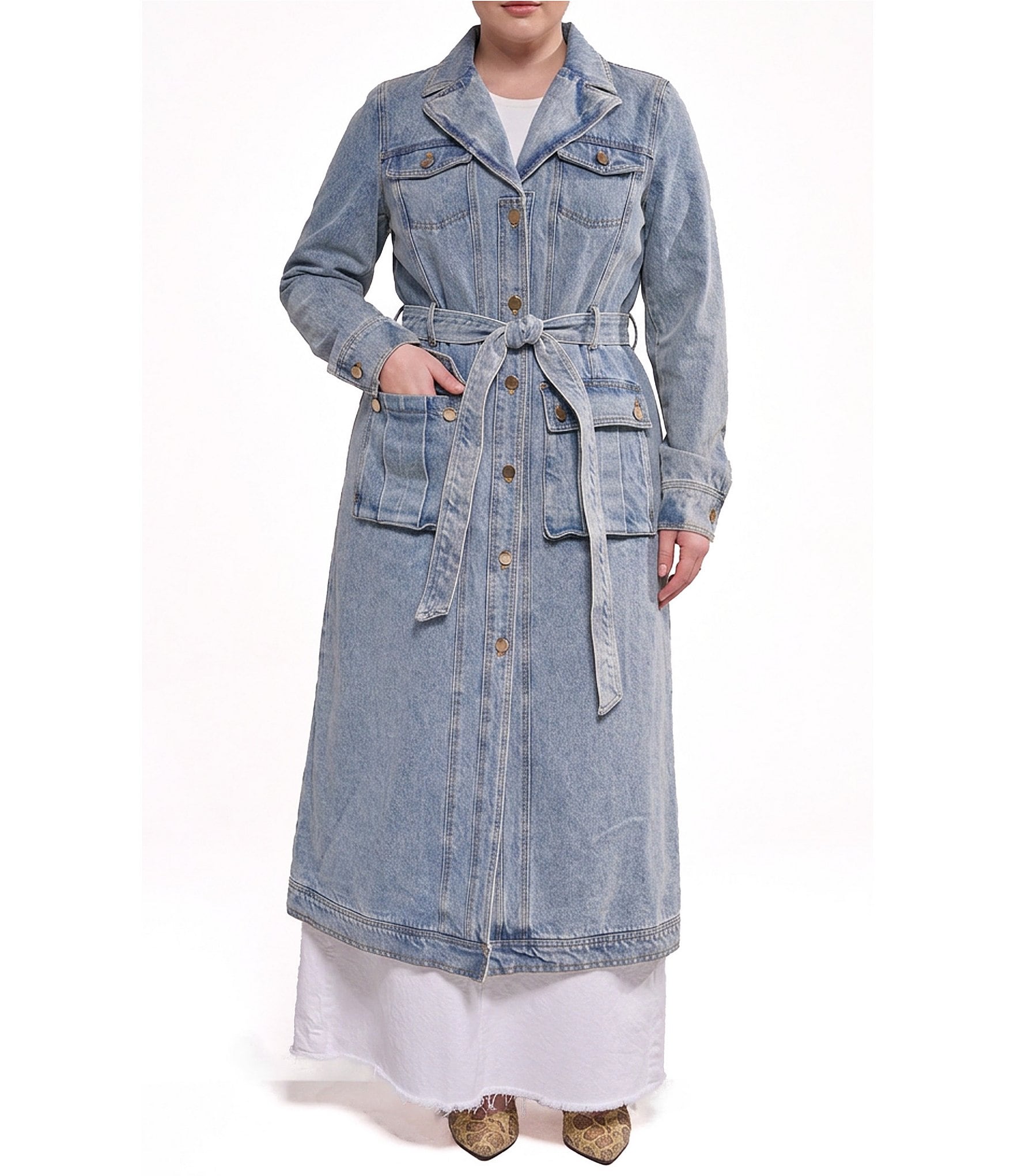 Azalea Wang Plus Size Lucienne-Light Denim Notch Collar Belted Button Front Trench Coat
