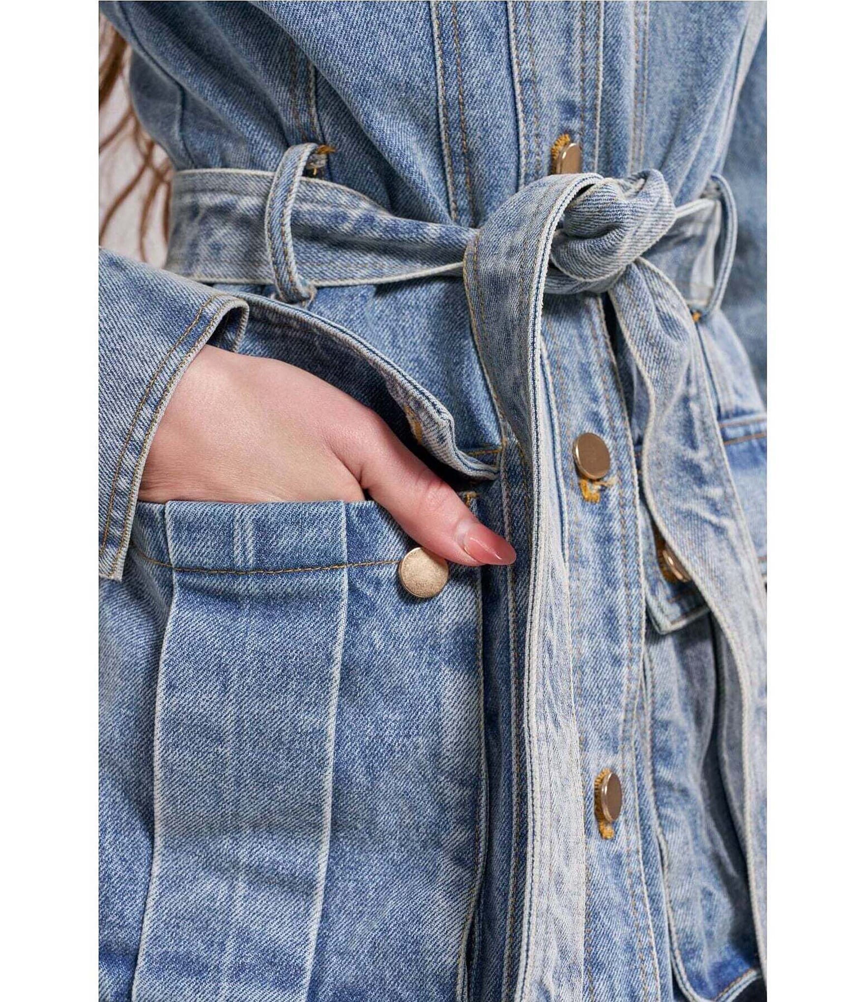 Azalea Wang Plus Size Lucienne-Light Denim Notch Collar Belted Button Front Trench Coat