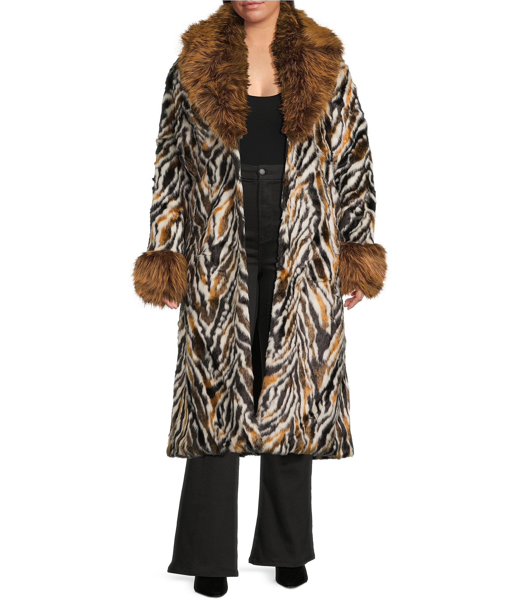 Azalea Wang Plus Size Tiana Retro Animal Print Faux Fur Shawl Collared Oversize Trench Coat