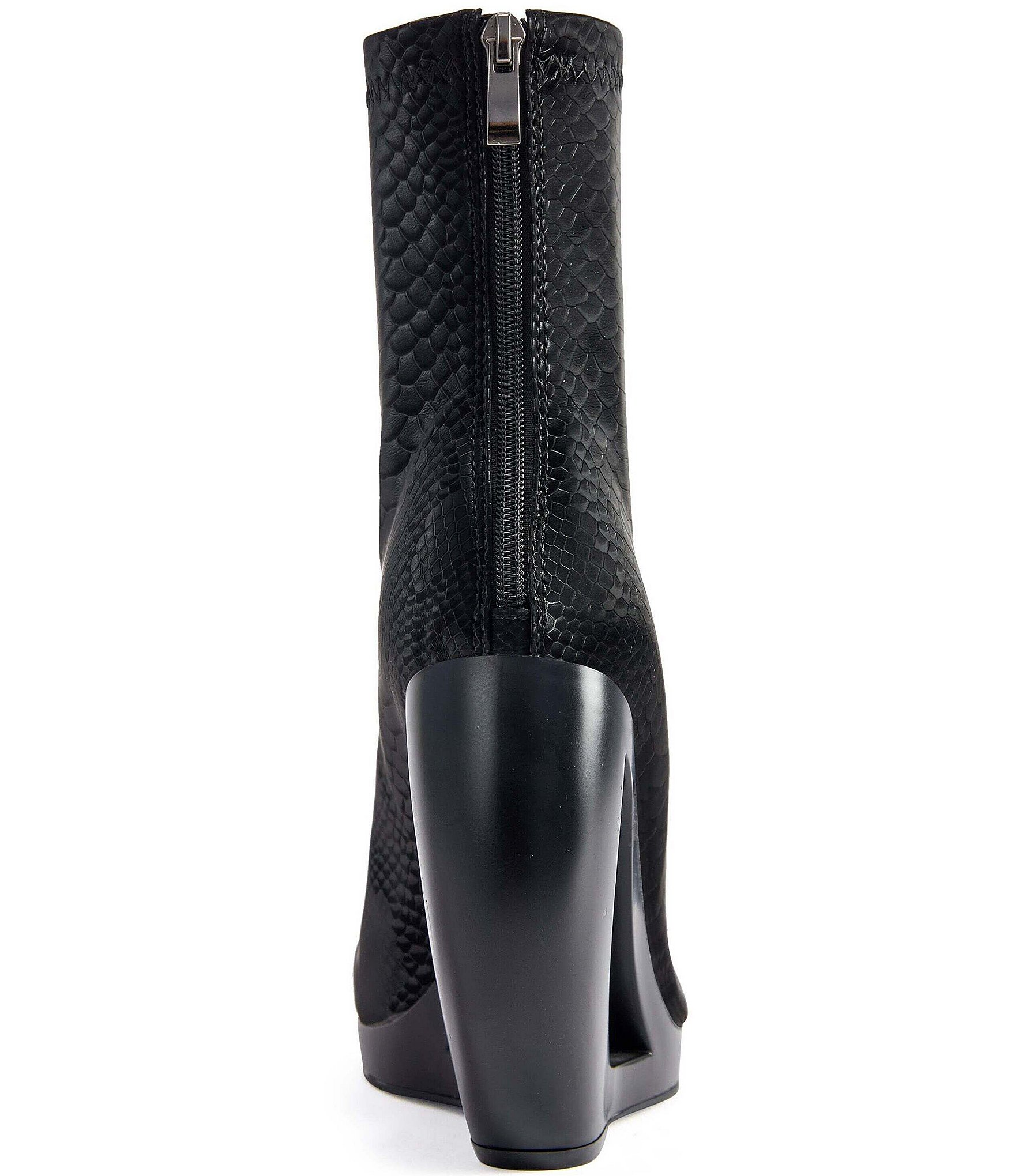 Azalea Wang Rapture Snake Embossed Open Curved Wedge Booties