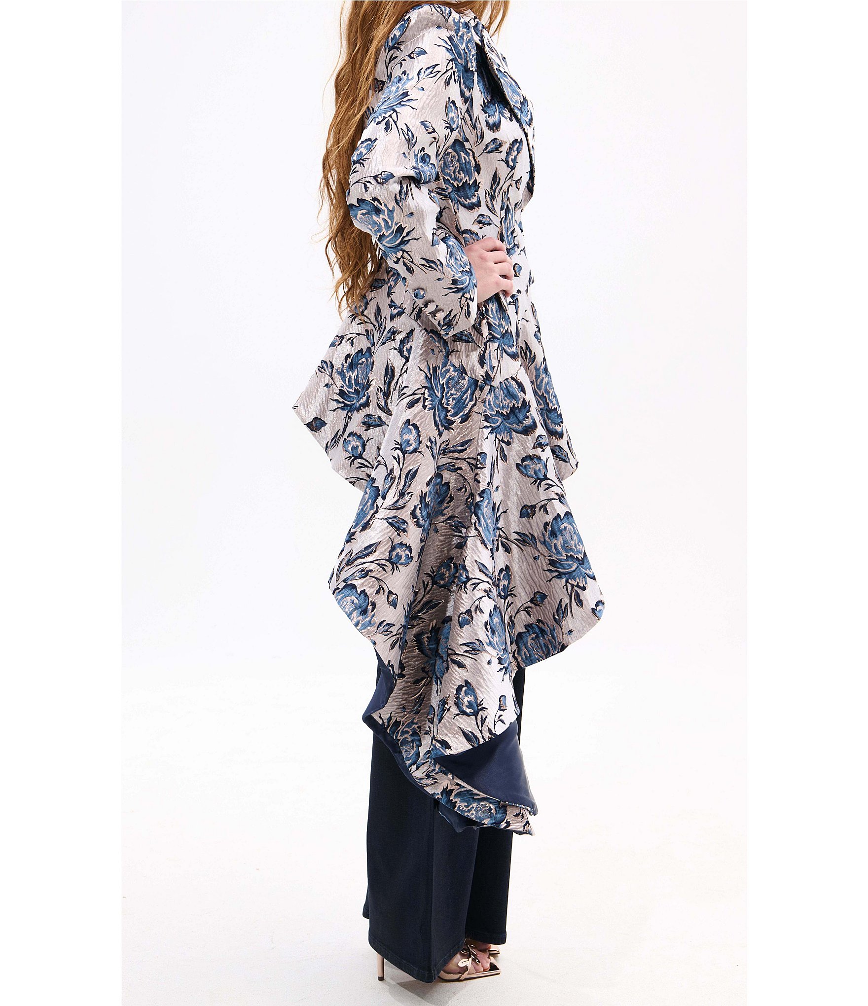 Azalea Wang Rexa Baroque Pattern Notch Collar Asymmetrical A-Line Jacket