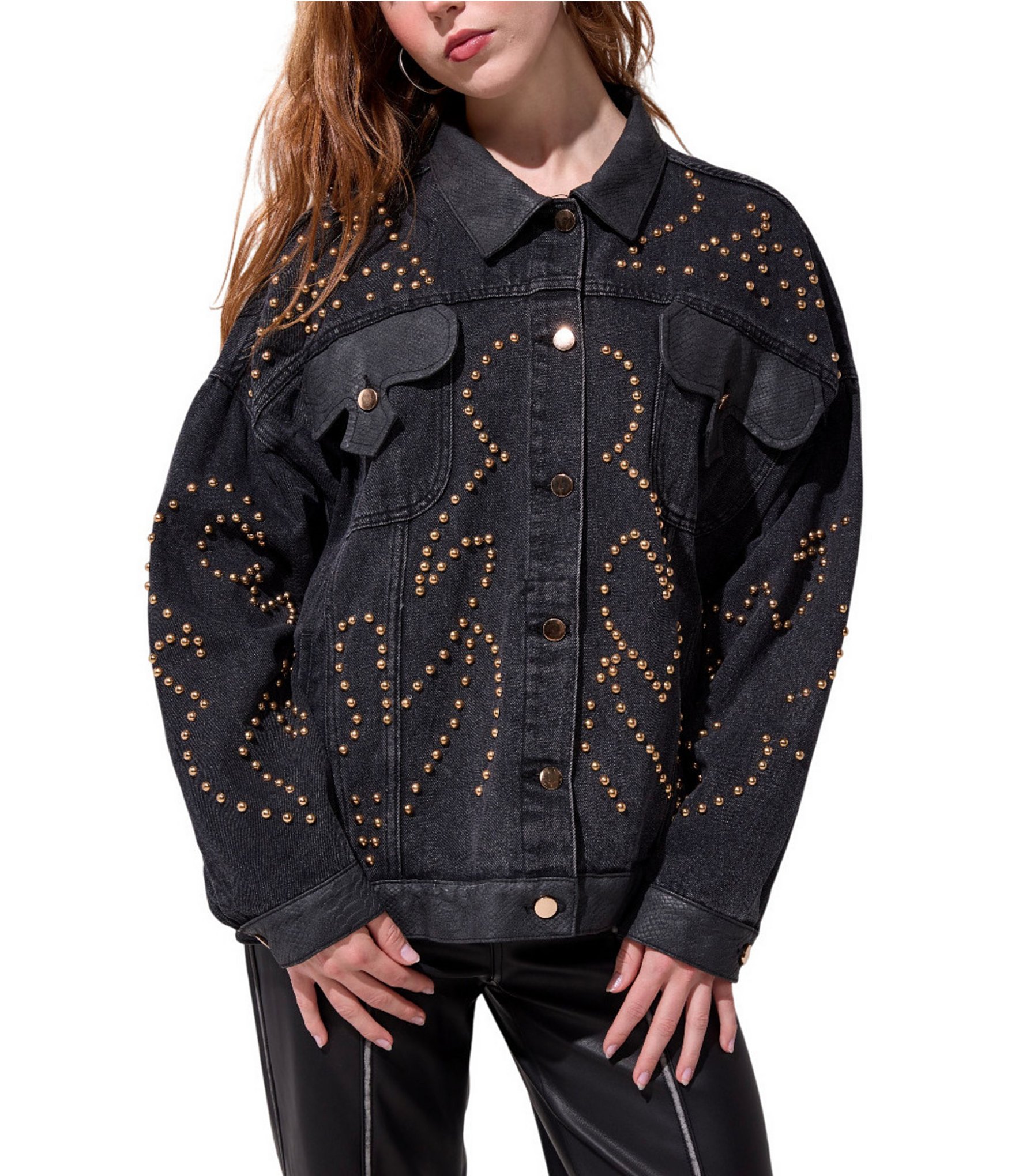 Azalea Wang Ricki Studded Point Collar Button Front Denim Jacket