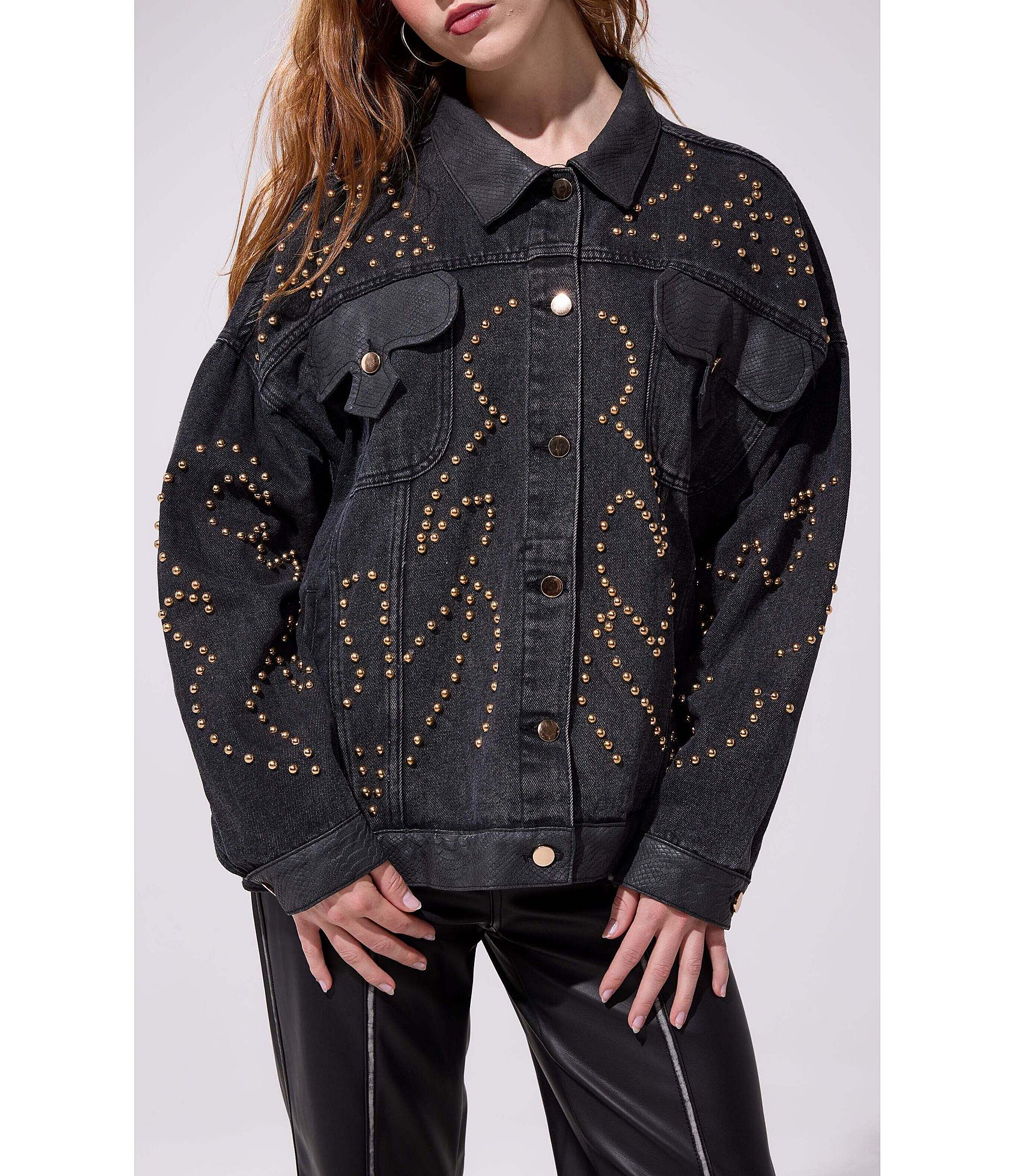 Azalea Wang Ricki Studded Point Collar Button Front Denim Jacket