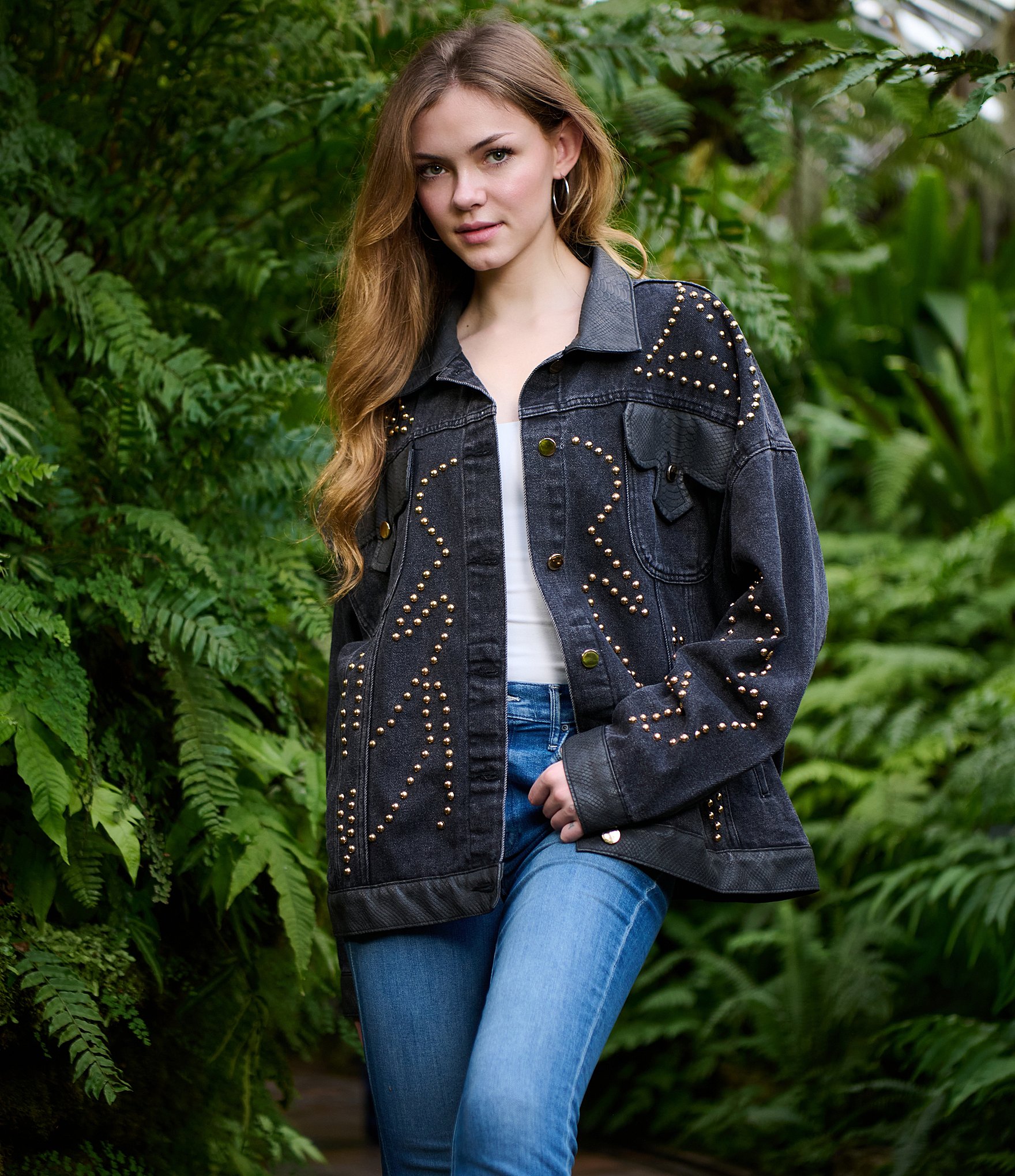 Azalea Wang Ricki Studded Point Collar Button Front Denim Jacket