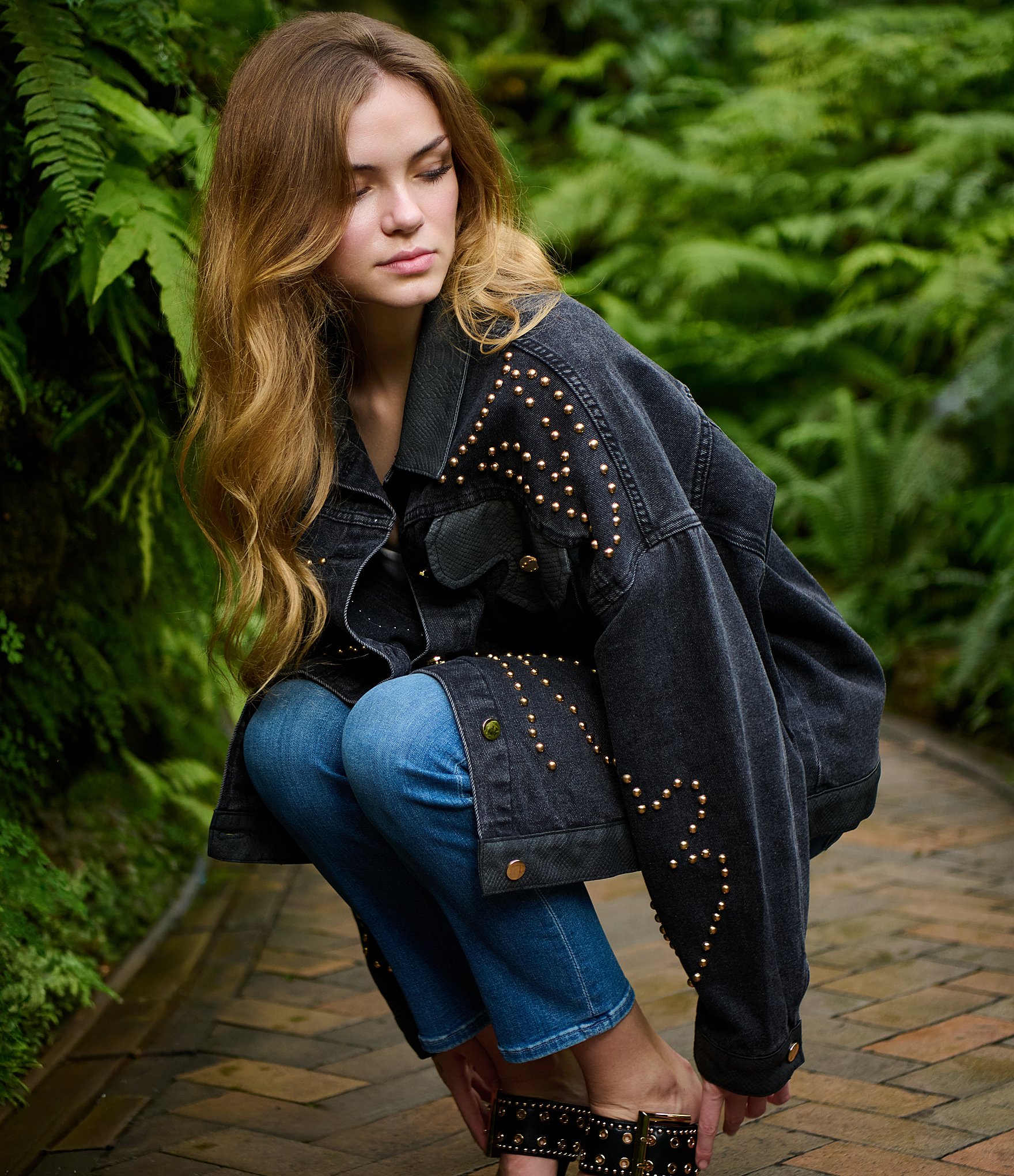 Azalea Wang Ricki Studded Point Collar Button Front Denim Jacket