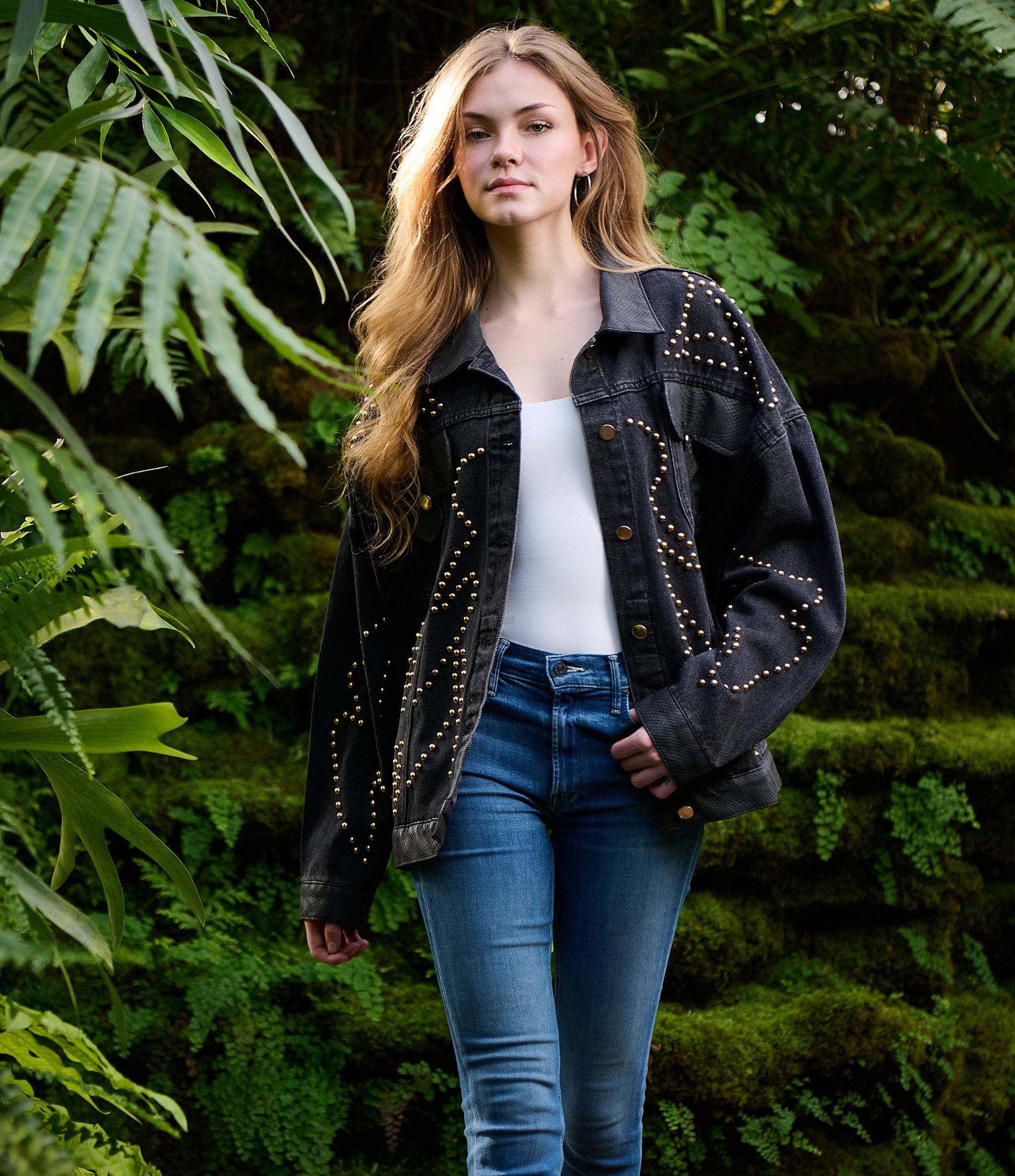 Azalea Wang Ricki Studded Point Collar Button Front Denim Jacket