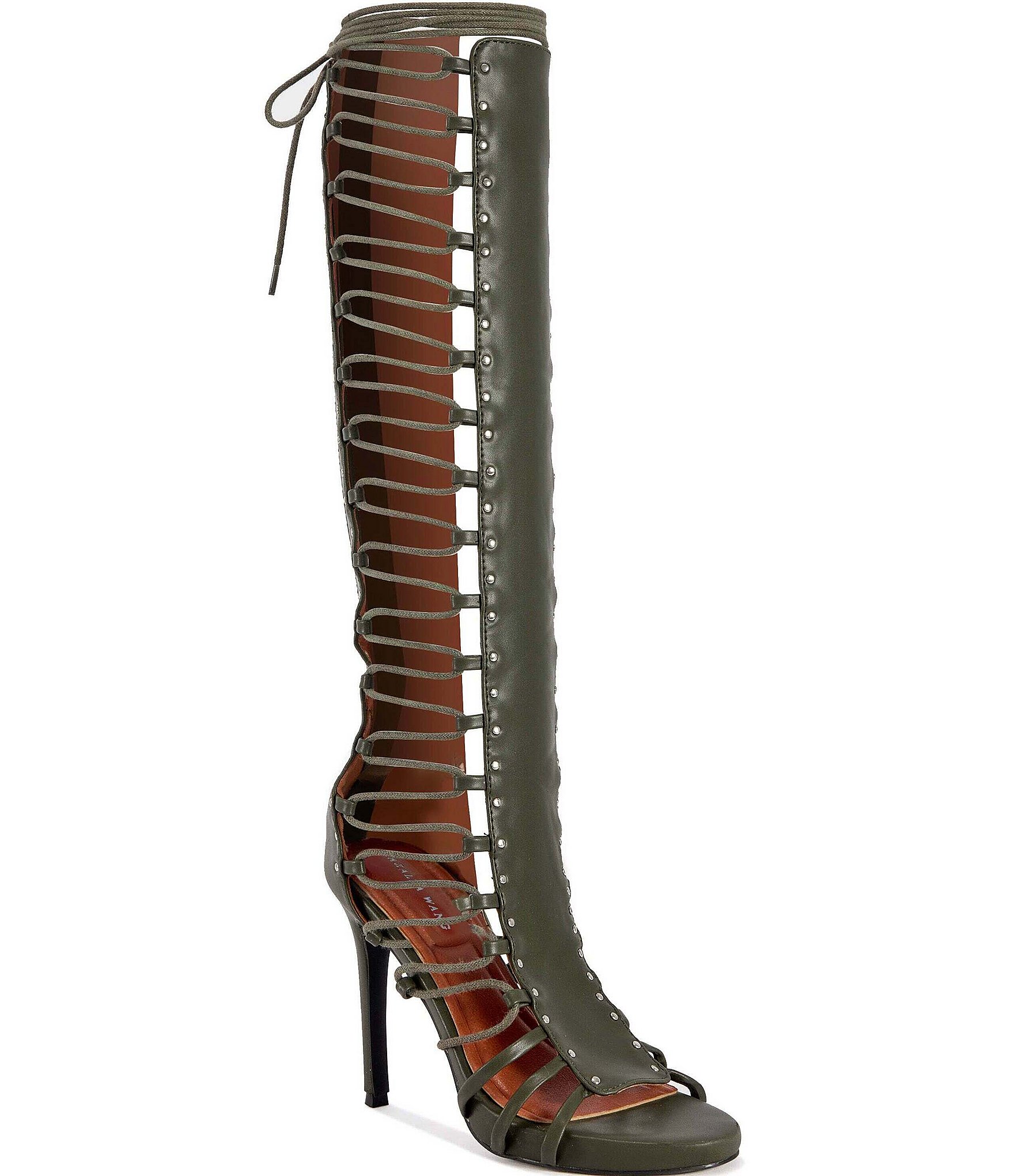 Azalea Wang Rosalina Stud Embellished Open Lace Tall Gladiator Sandals