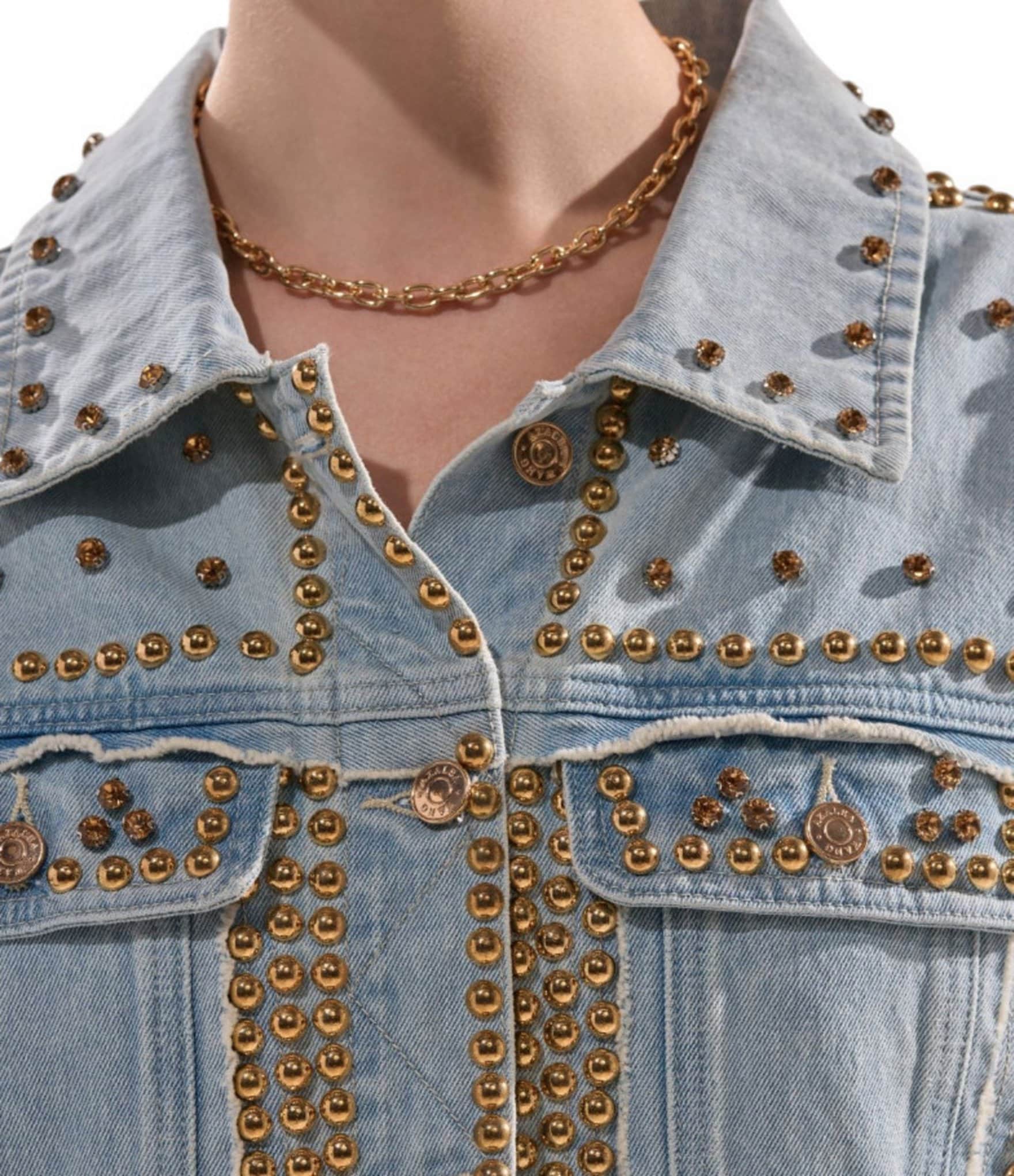 Azalea Wang Sable Studded Gold Point Collar Denim Oversized Jacket