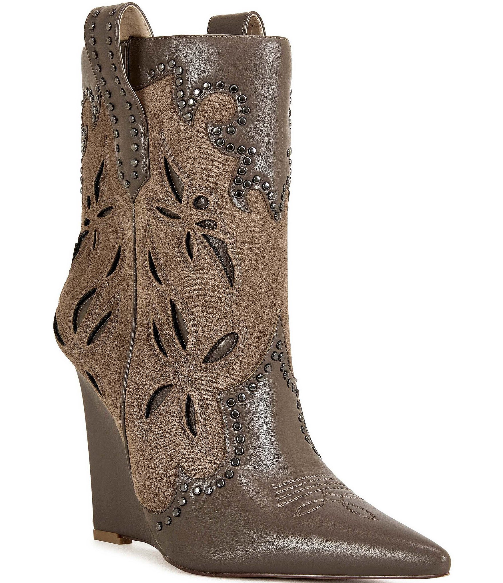 Azalea Wang Talayah Studded Cut Out Western Wedge Booties
