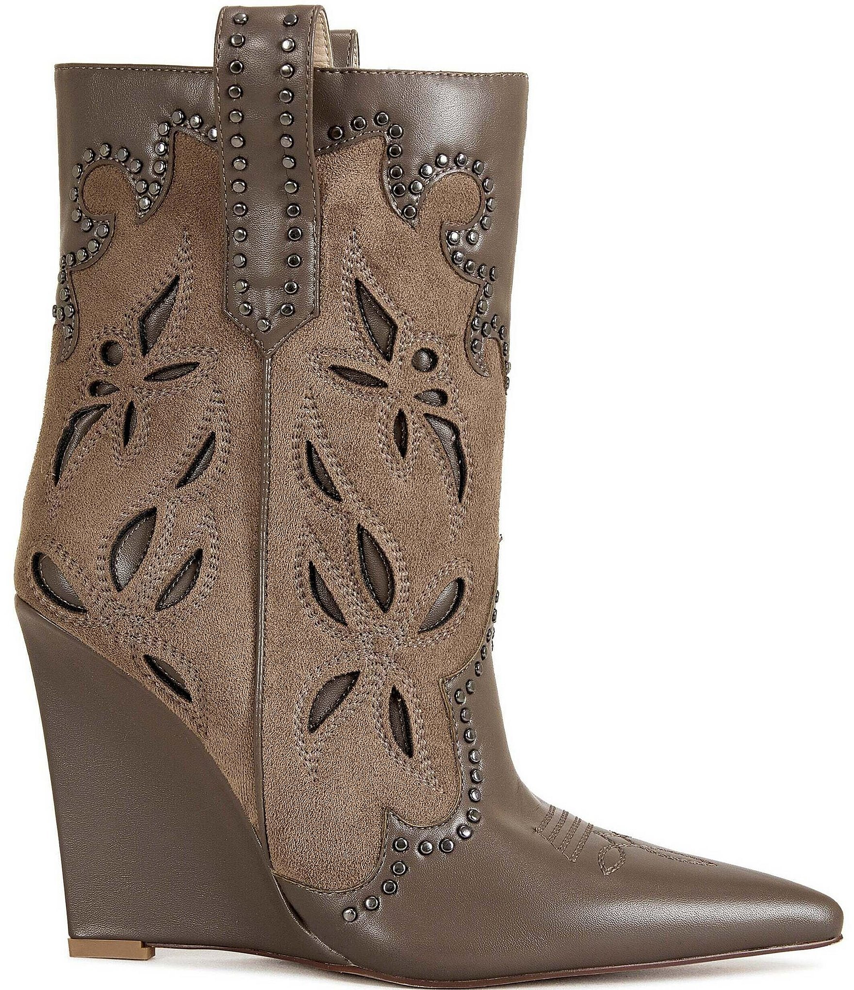 Azalea Wang Talayah Studded Cut Out Western Wedge Booties