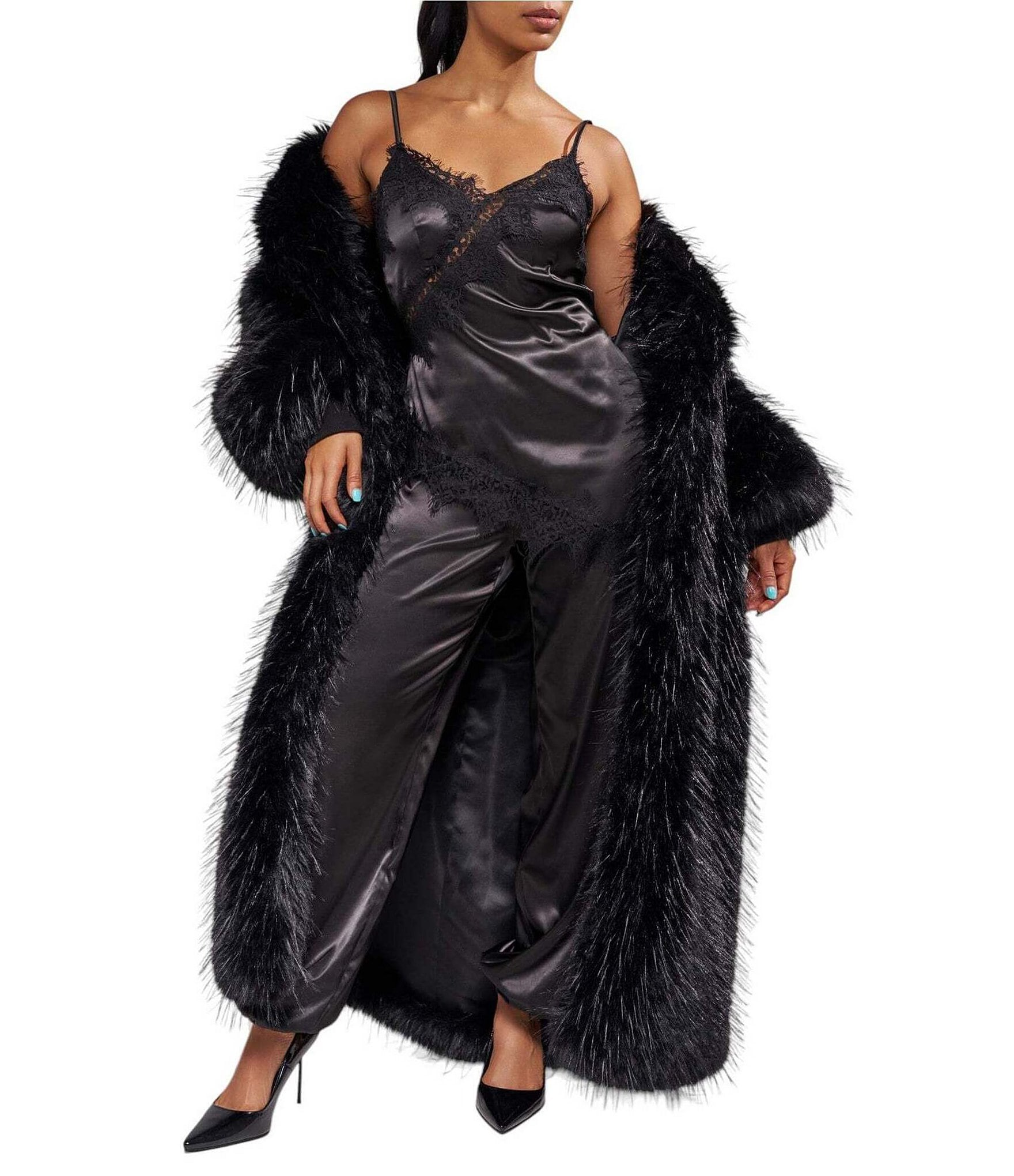 Azalea Wang Vault Faux Fur Lapel Neck Long Trench Coat