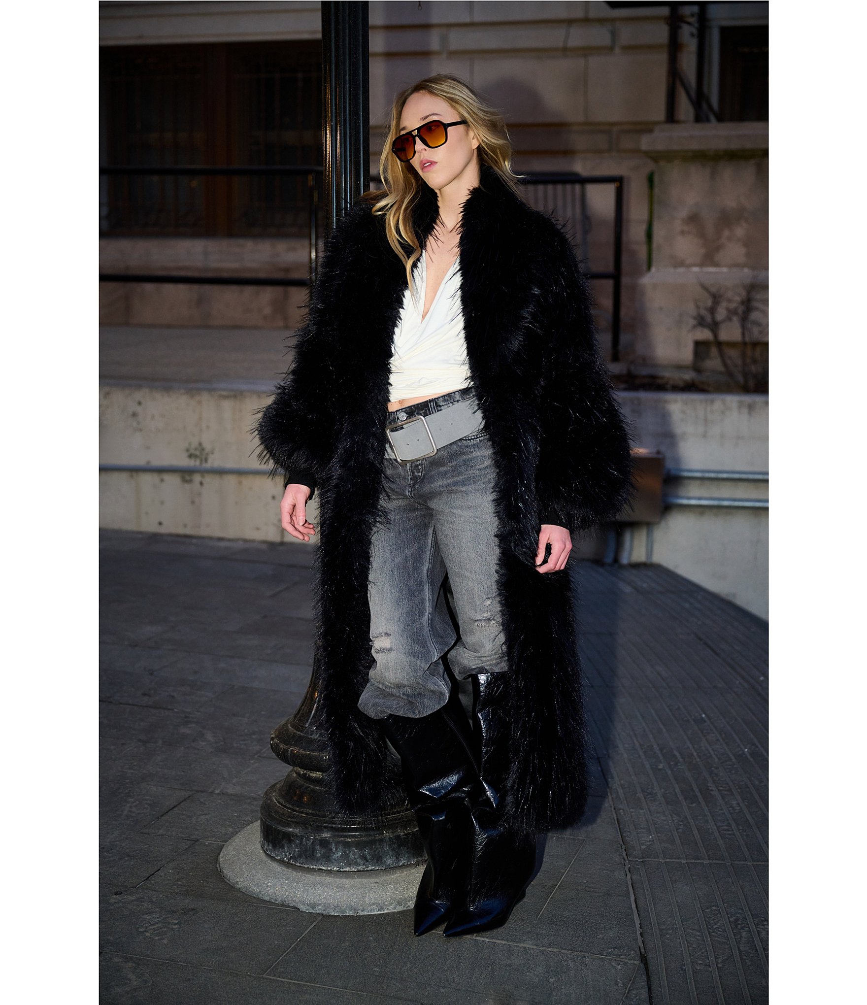 Azalea Wang Vault Faux Fur Lapel Neck Long Trench Coat