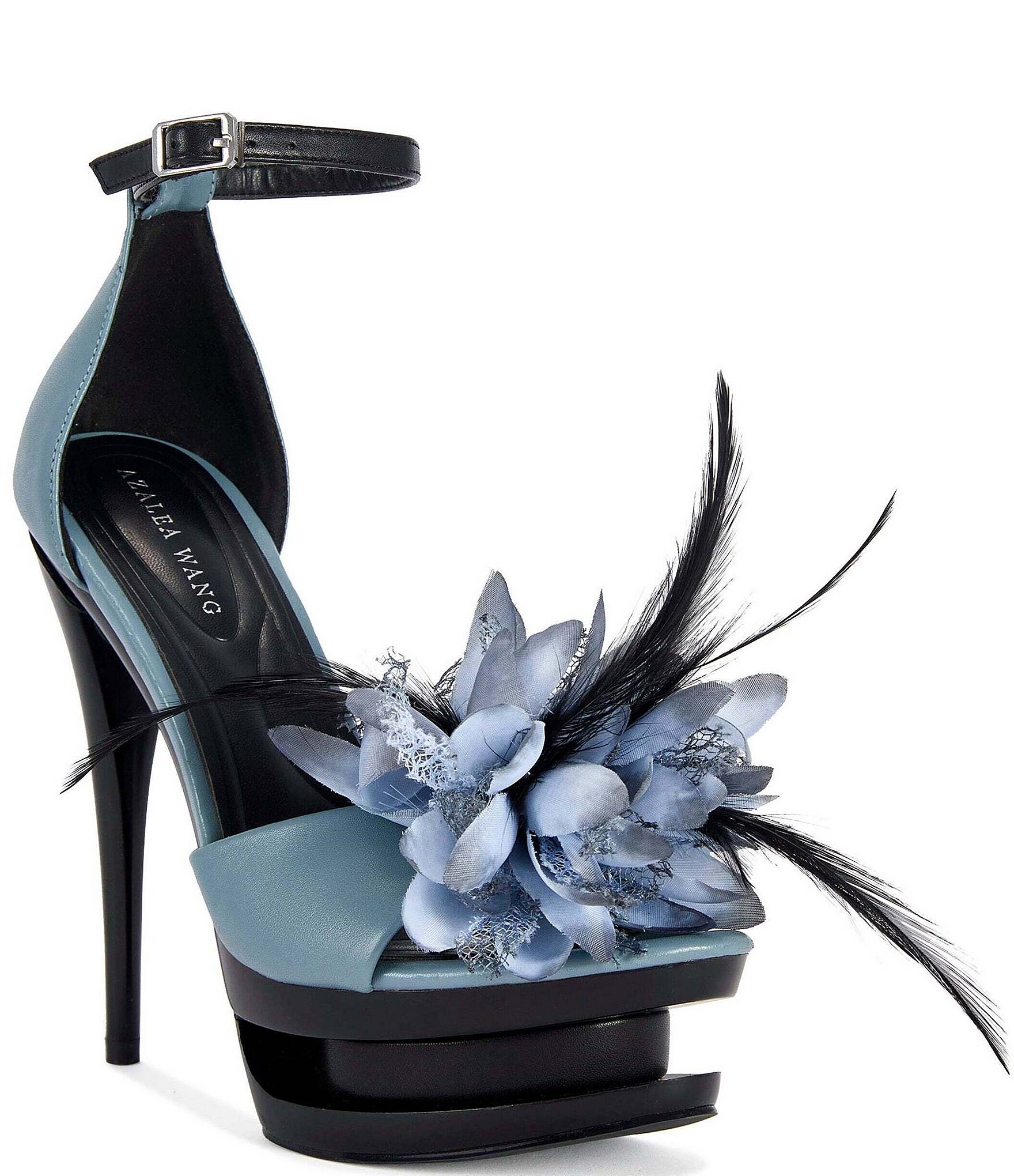 Azalea Wang Velvetine Feather Flower Ankle Strap Architectural Platform Sandals
