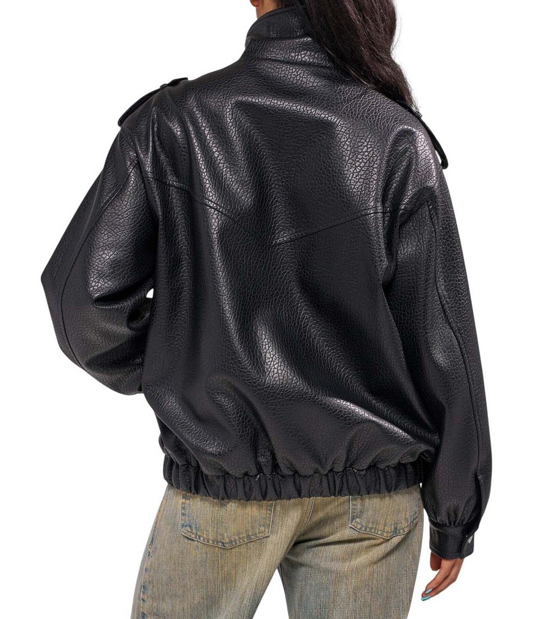 Azalea Wang Verlander-Black Faux Leather Stand Collar Snap Front Bomber Jacket
