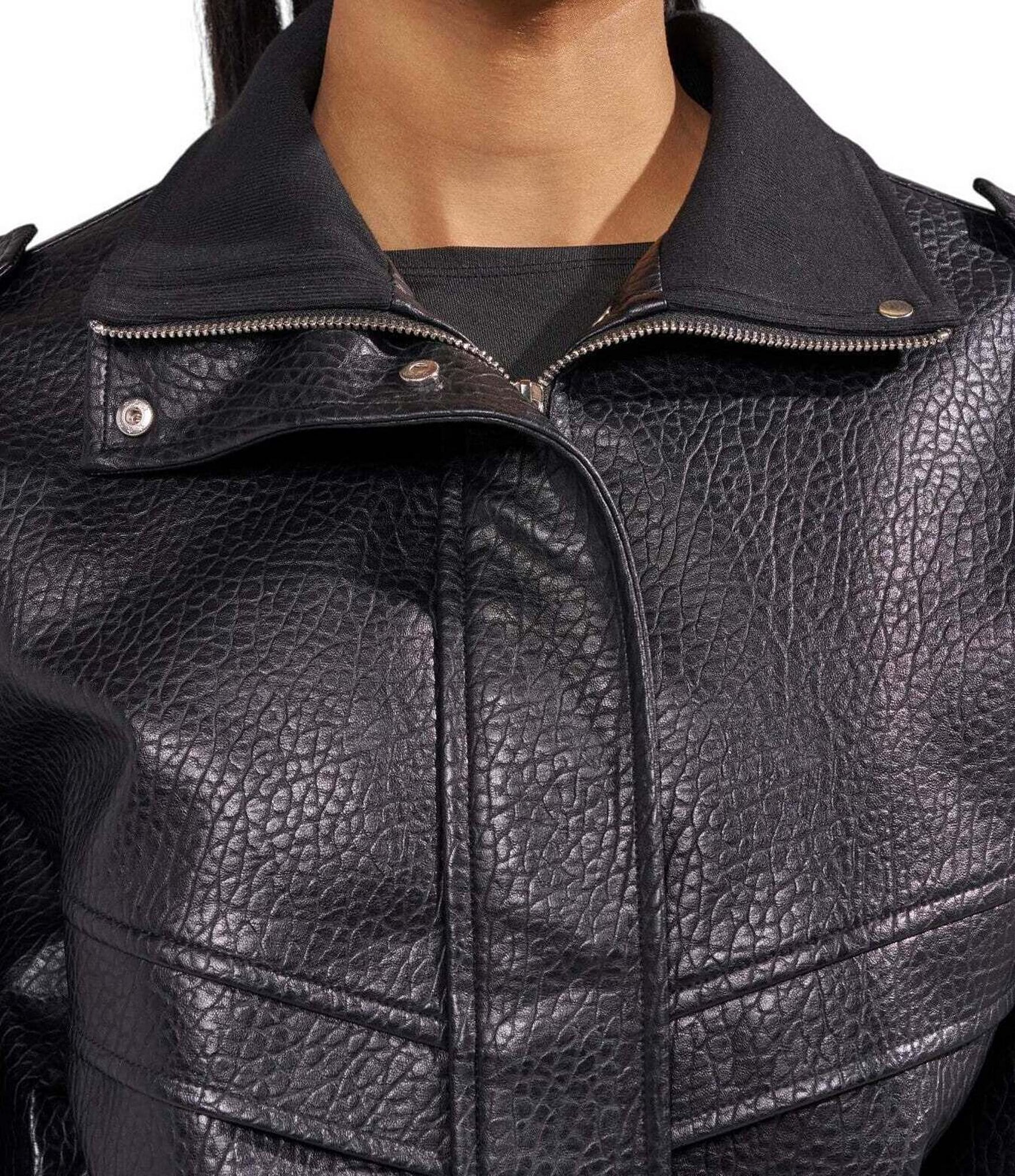 Azalea Wang Verlander-Black Faux Leather Stand Collar Snap Front Bomber Jacket