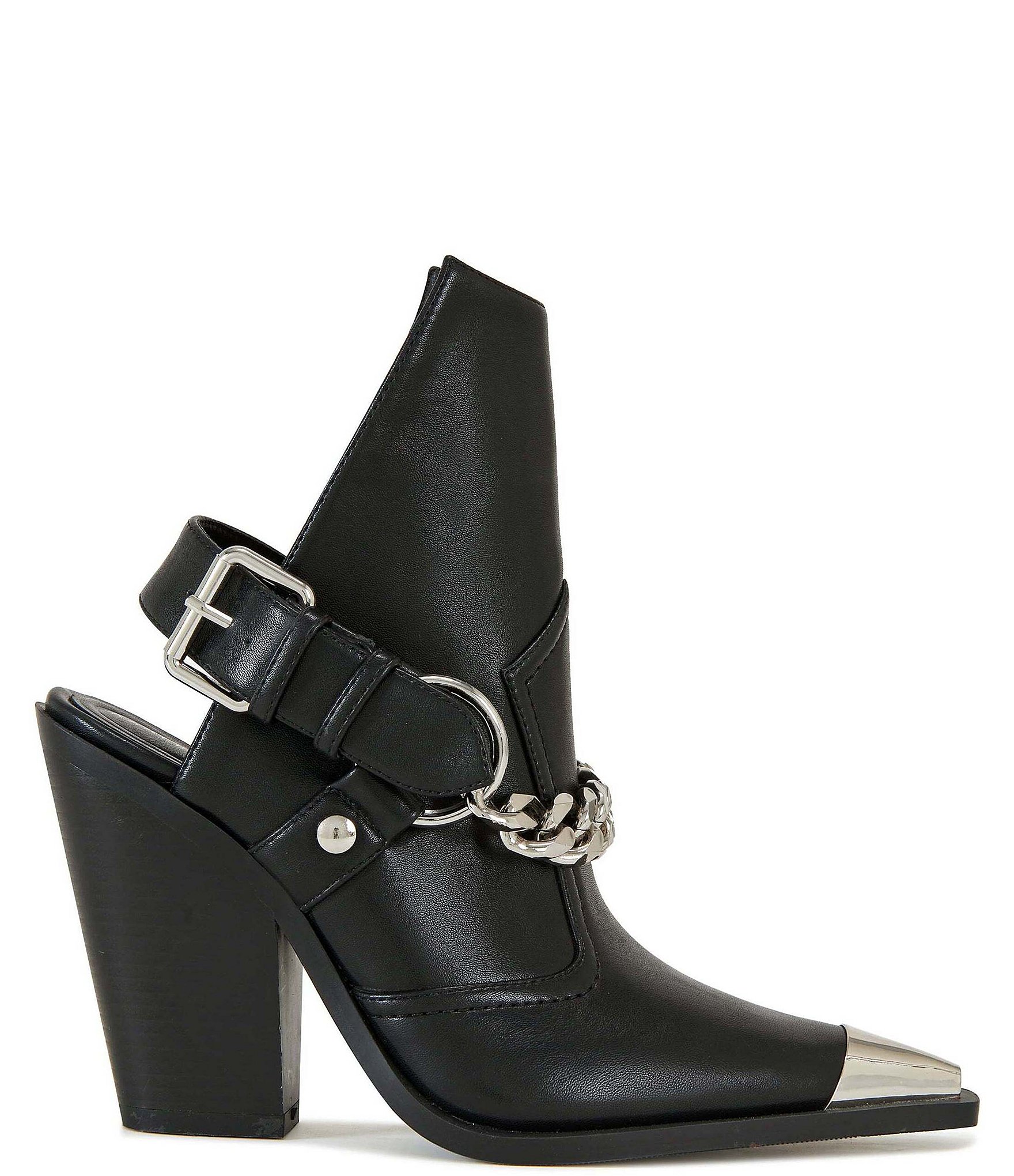 Azalea Wang Wade Chain Harness Back Strap Capped Pointed Toe Ankle Booties