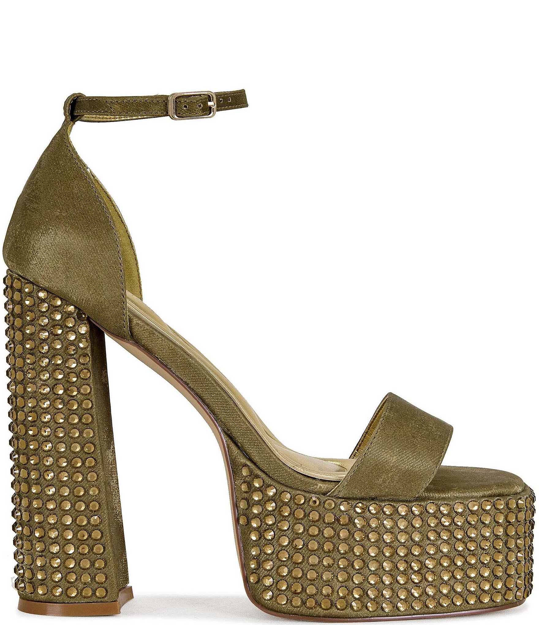 Azalea Wang Wilma Metallic Rhinestone Embellished Block Heel Platform Dress Sandals