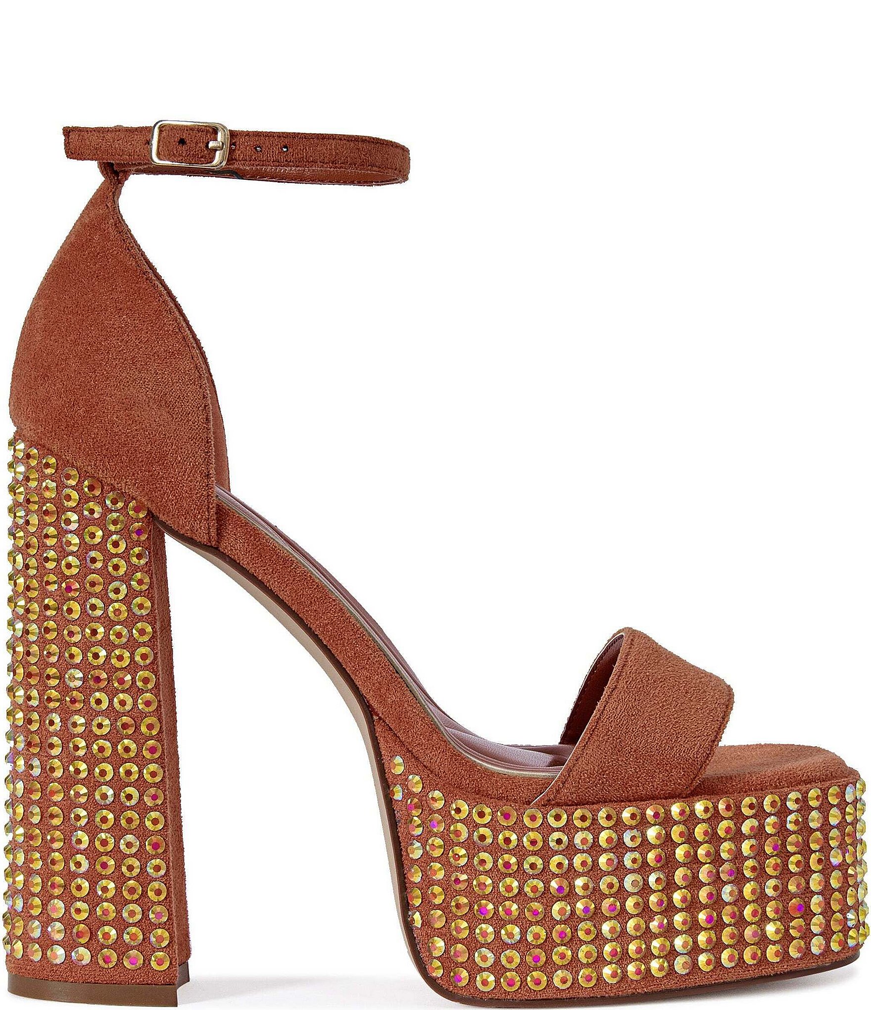 Azalea Wang Wilma Metallic Rhinestone Embellished Block Heel Platform Dress Sandals