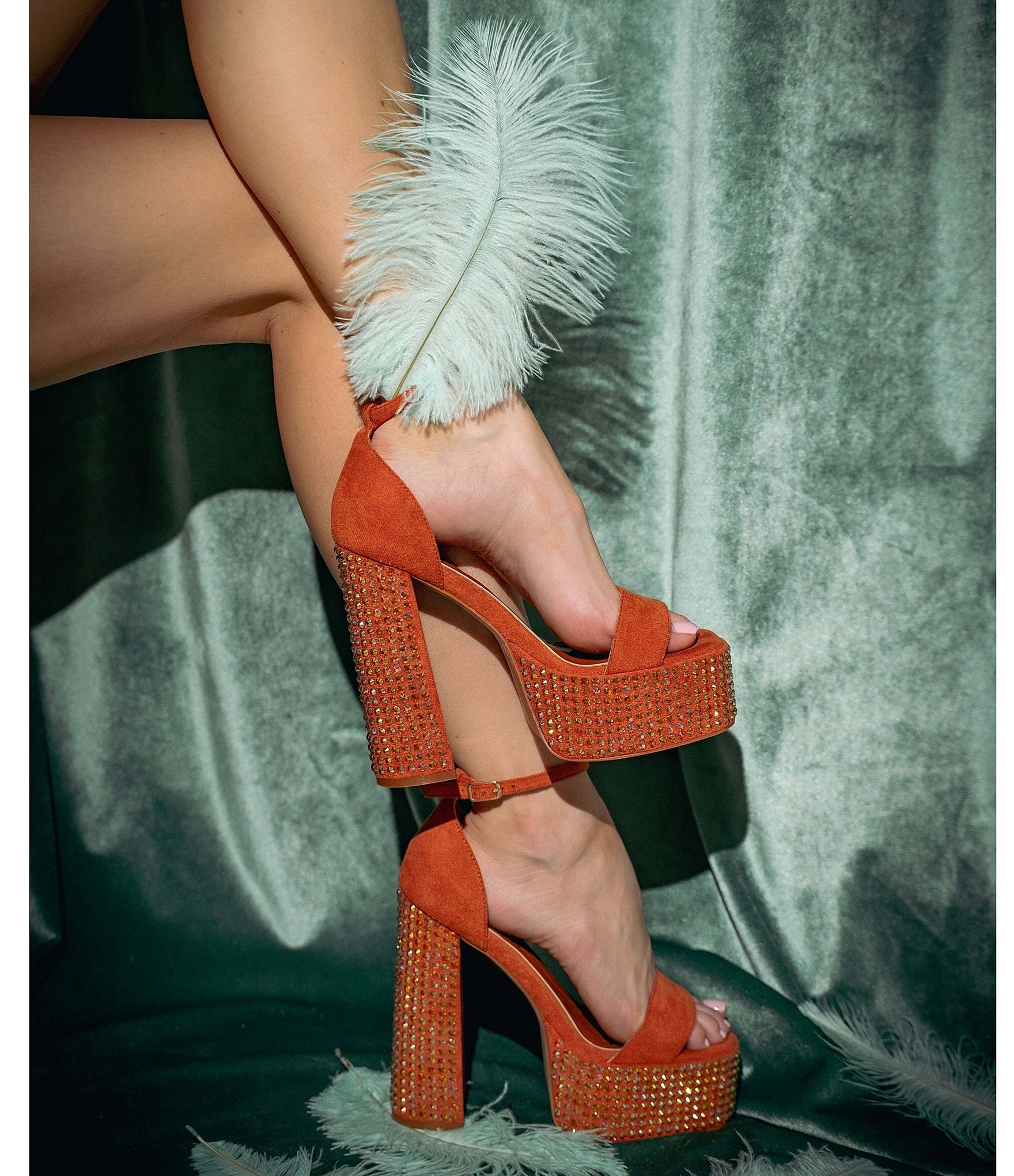 Azalea Wang Wilma Metallic Rhinestone Embellished Block Heel Platform Dress Sandals