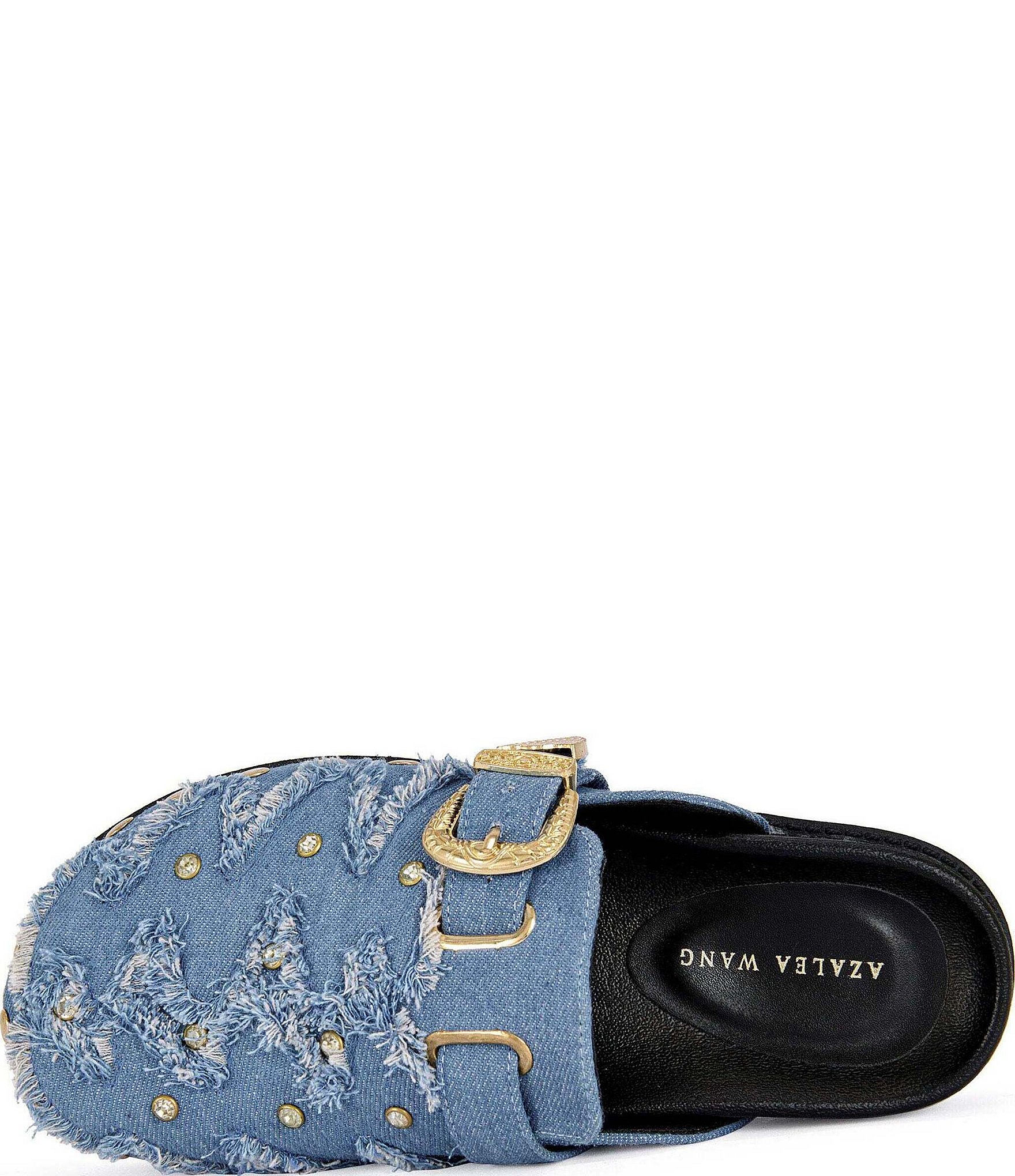 Azalea Wang Zale Denim Studded Buckle Strap Mules