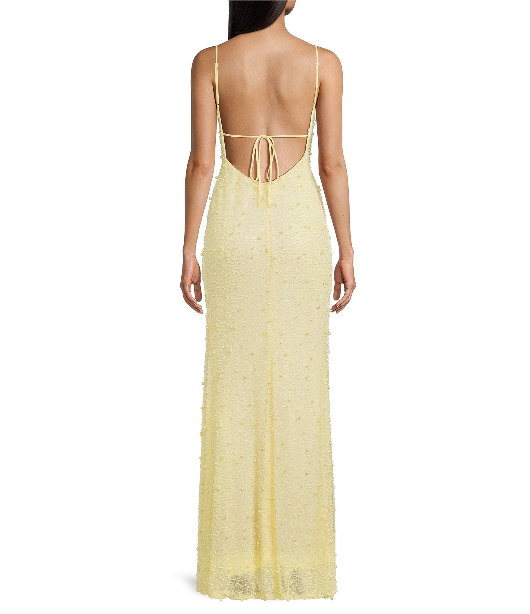 B. Darlin Beaded Drape Neck Tie Back Dress