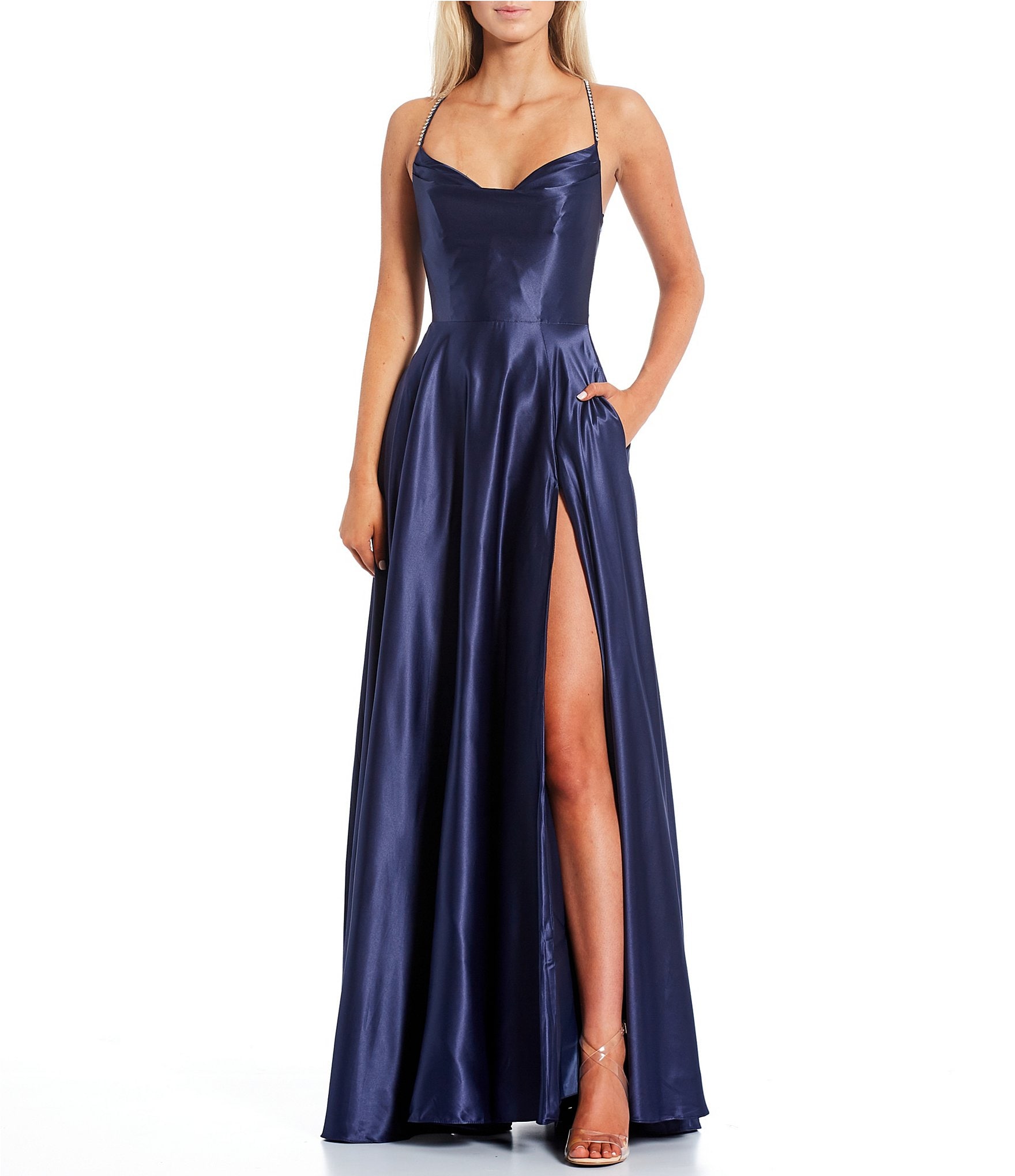 B. Darlin Cowl Neck Lace Up Rhinestone Back Long Satin Dress