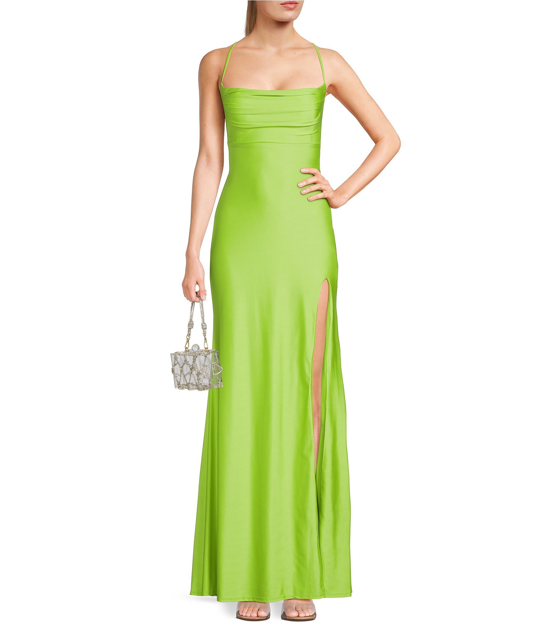 B Darlin Cowl Pleated Neck Front Slit Lace Up Back Shiny Knit Long b-darlin-cowl-pleated-neck-front-slit-lace-up-back-shiny-knit-long