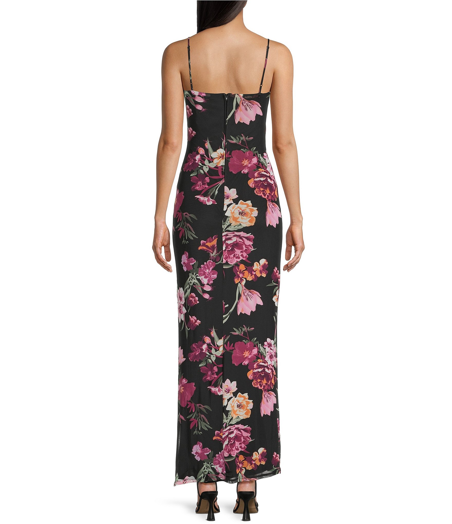 B. Darlin Floral Print Mesh Cowl Neck Side Slit Maxi Dress